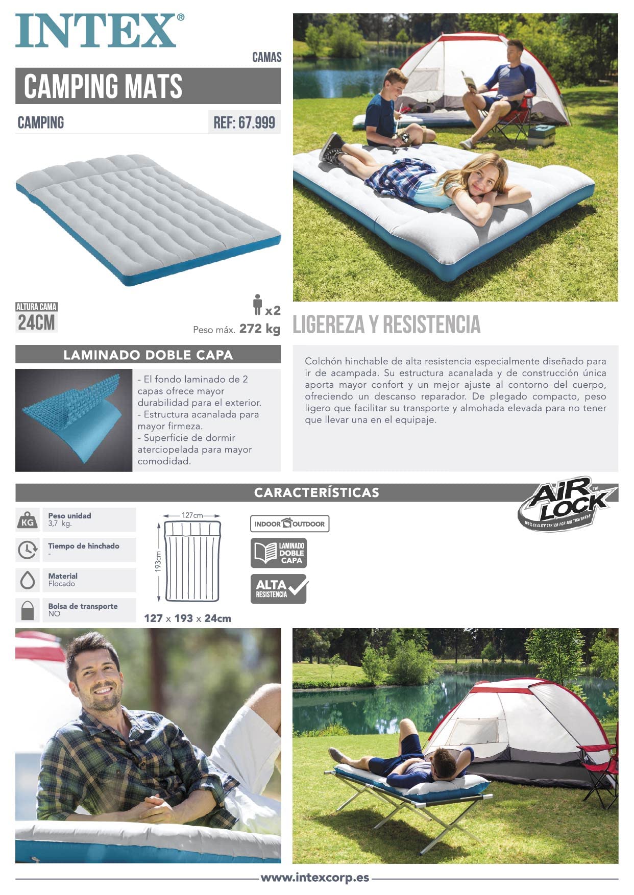 Intex 67999 - Inflatable Double Camping Mat, Laminate, Gray and Light Blue, 127 x 193 x 24 cm.