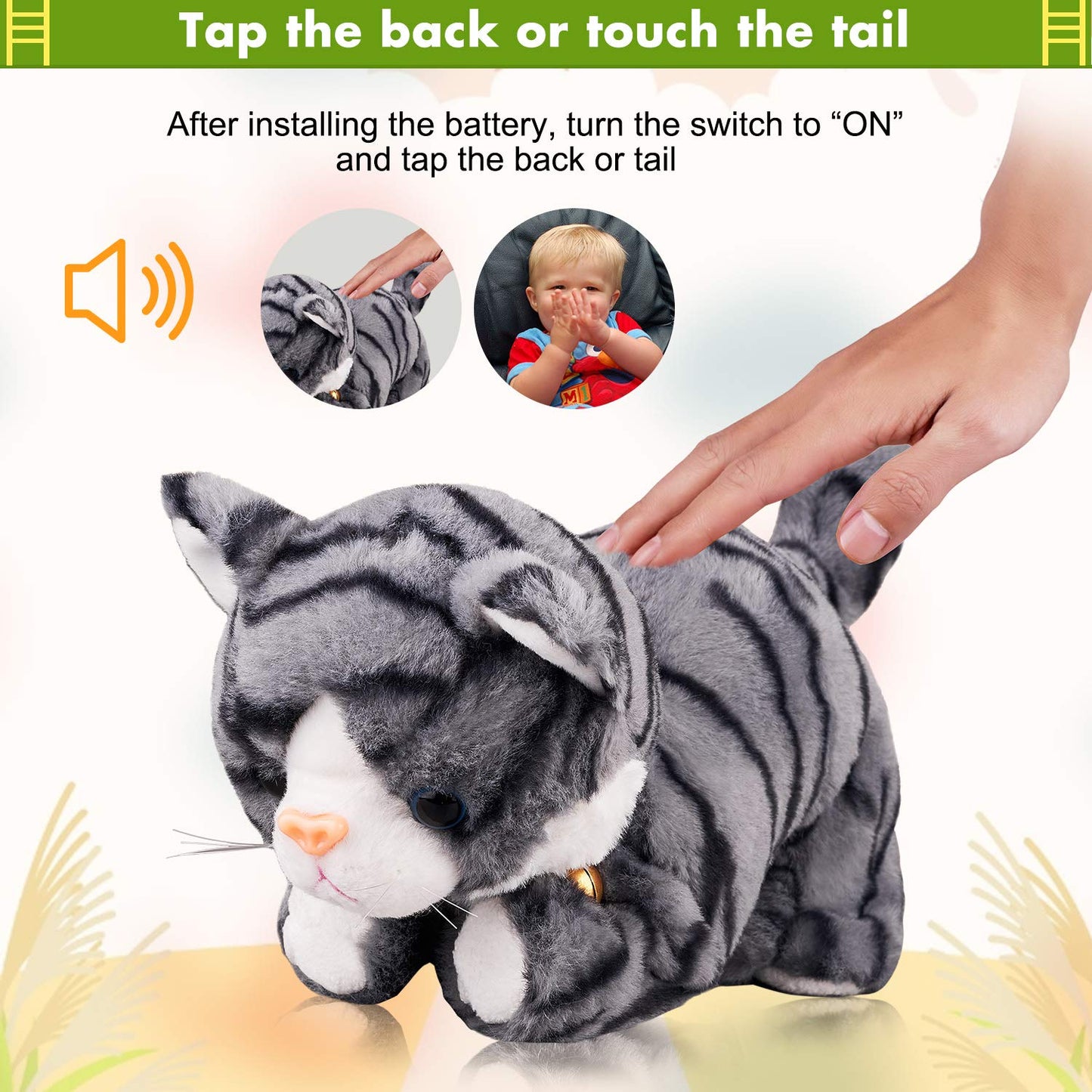 Marsjoy Interactive Plush Cat, plush toy, gray robot, with touch control, electronic cat pet, robot cat toy, animated toy for girls, kids, L: 30.5 cm.