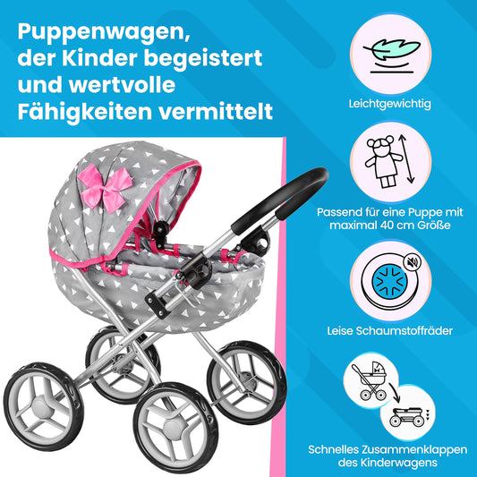 Children's play doll's pram - Lightweight & sturdy with aluminum frame - For dolls up to 40 cm, Indoors & Outdoors - Foldable with canopy & basket, Handle height 54 cm - Gray