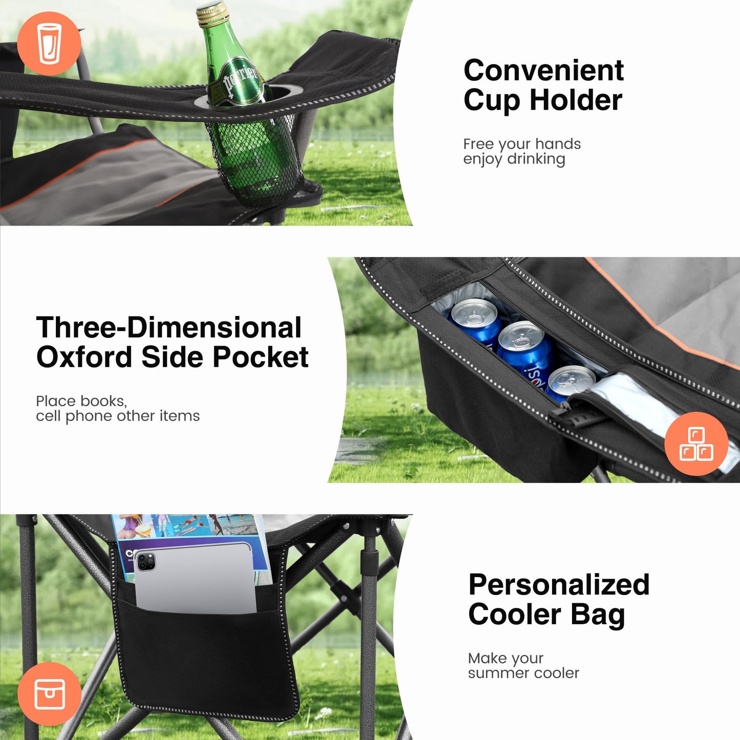 HIGH POINT SPORTS Folding Camping Chair 2-Pack 440lbs Foldable Padded Chair with Cup Holders XXL Folding Fishing Chair with Armrests Outdoor Chair Black