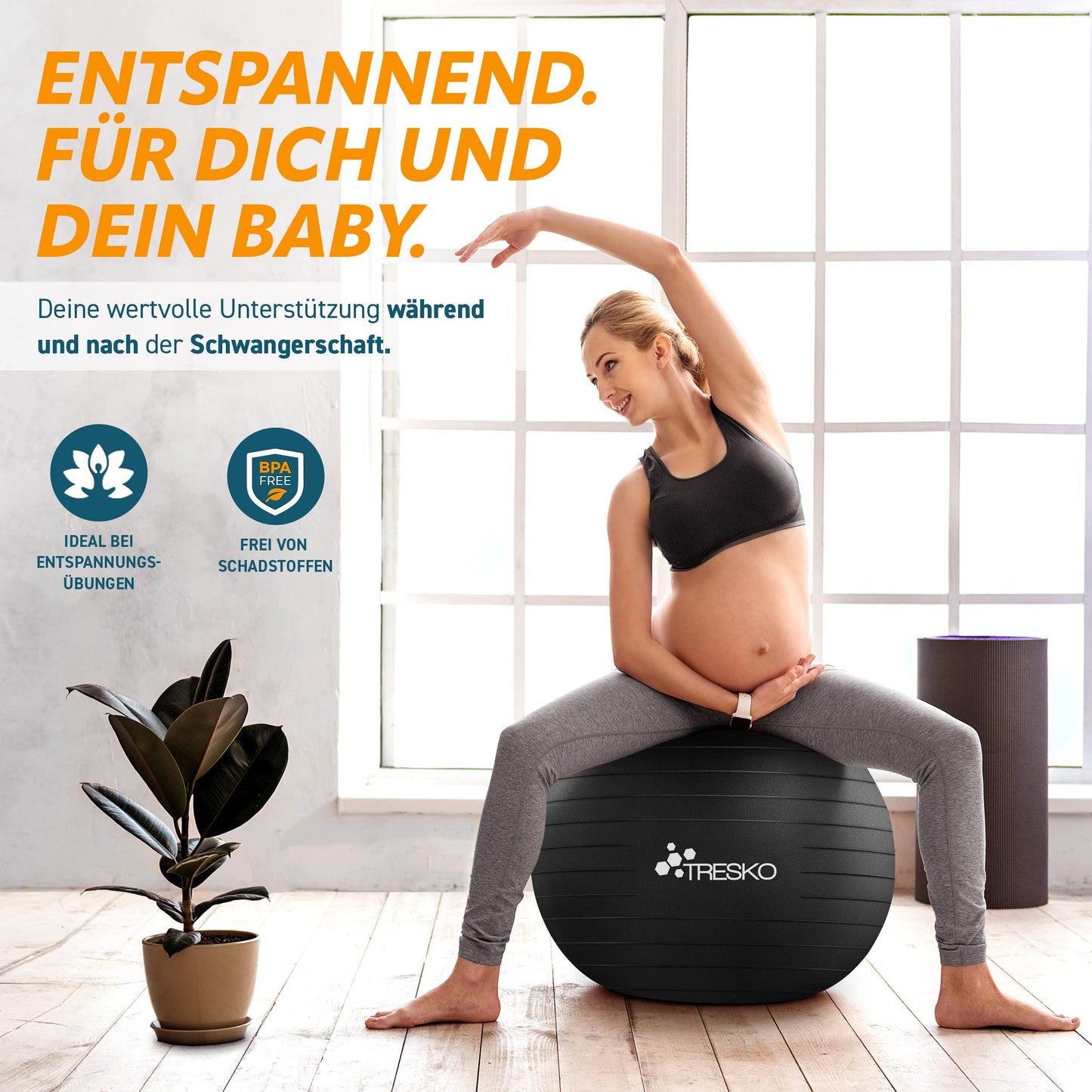 TRESKO Exercise Ball with FREE workout poster and pump - Yoga Ball BPA-Free | Office Chair Ball | Anti-Burst | 300 kg, Black, 85cm (for body height over 185cm)