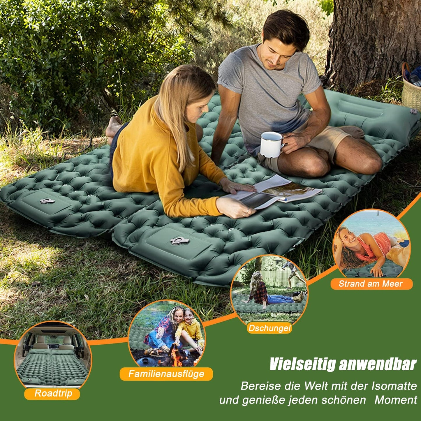 CALIYO self-inflating camping mat 2pcs - thickened air mattress with foot pump, ultralight & waterproof | integrated pillow, compact size for outdoor, hiking, tents & travel