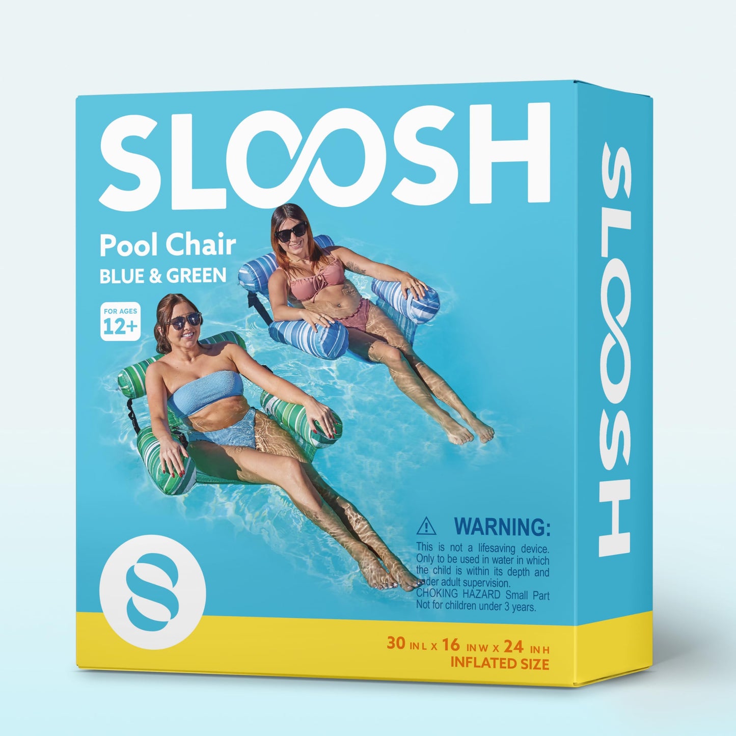 SLOOSH Inflatable Adult Pool Float, 2-Pack Floating Pool Rafts, Adult Inflatable Pool Noodles, Swim Chair for Parties, Summer, Water, Beach, Glow-in-the-Dark Stripes, Green, Blue