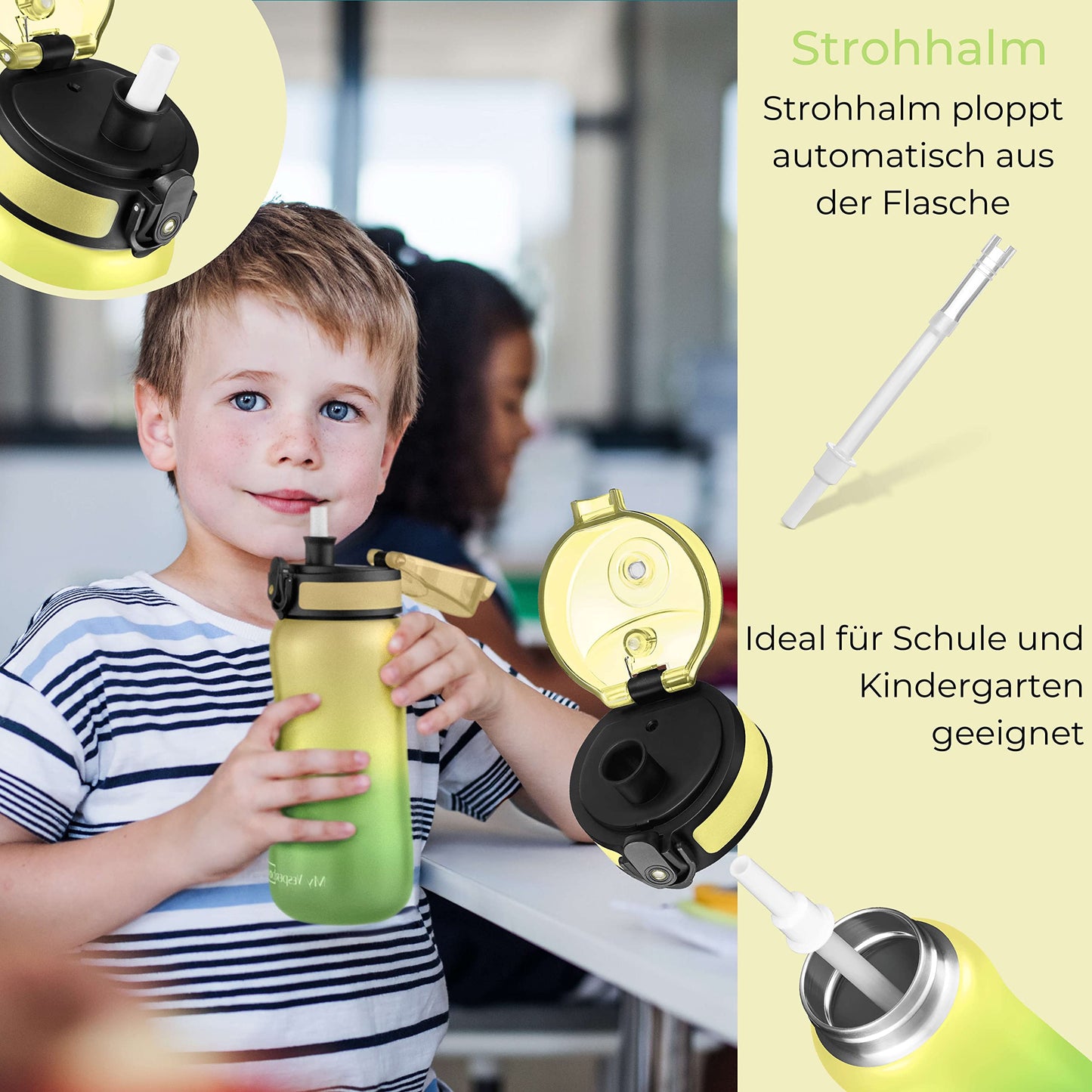 My Vesperbox - Thermo Minny - Stainless steel leak-proof water bottle with straw or sieve - 400ml, 600ml - Durable stainless steel water bottle for kids and adults - BPA free (Green - Yellow, 400ml)