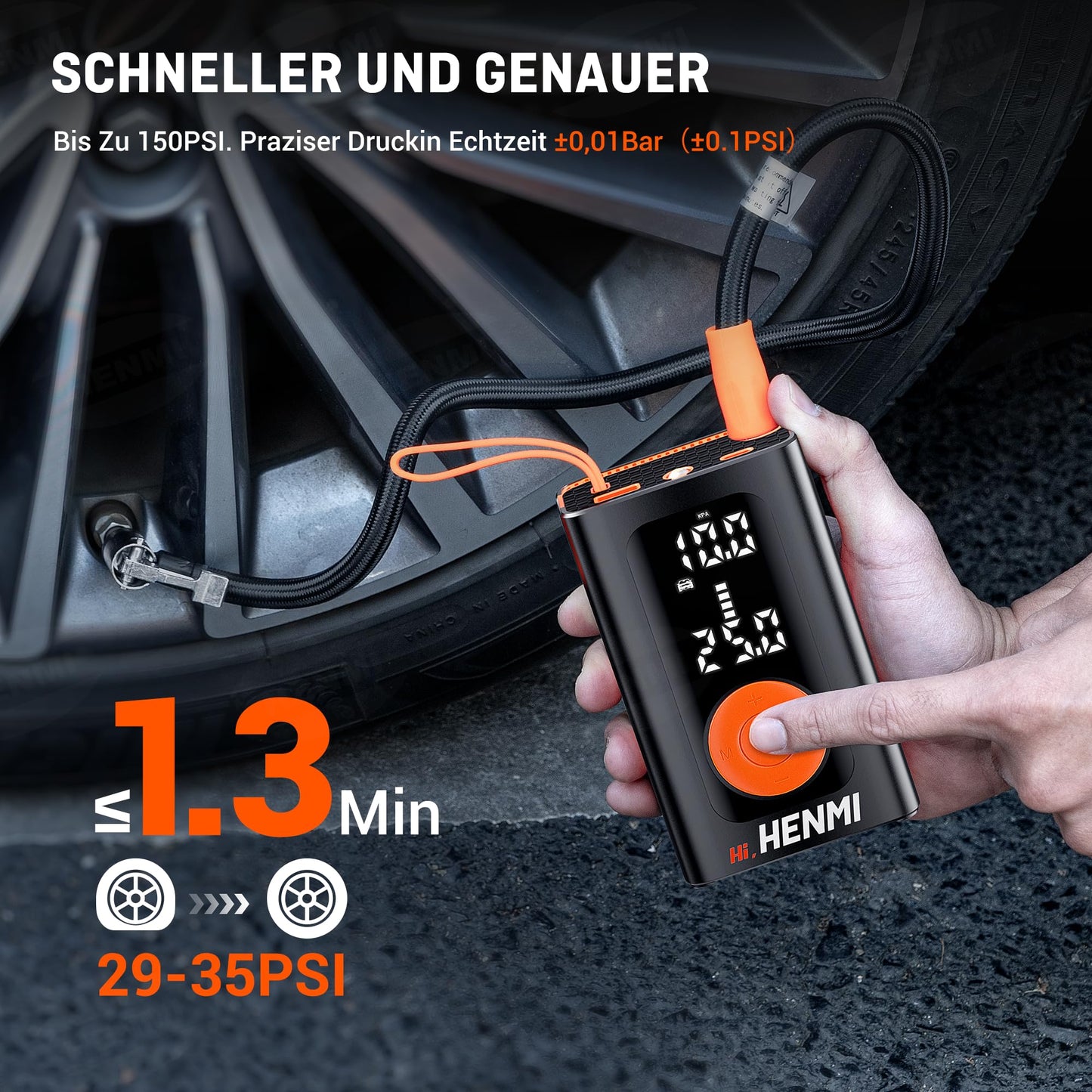 HENMI Electric Air Pump 7500mAh, Portable Mini Compressor with all valves 10.3 Bar, Electric Bicycle Pump with Digital Display Gauge for Bicycle, E-Bike, Car, Motorcycle, Balls.
