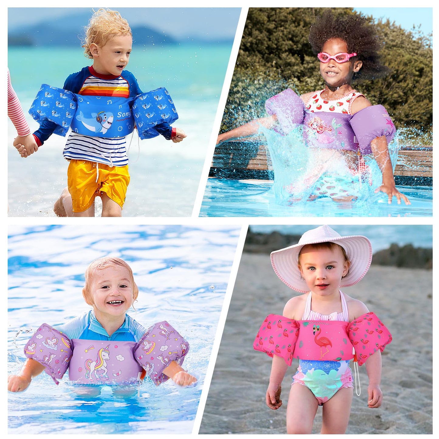 MoKo Kids Arm Floaties, Cartoon Floating Swimsuit Swim Training Jacket with Buckle for Boys Girls, 20 to 50 lbs - Purple & Star Mermaid