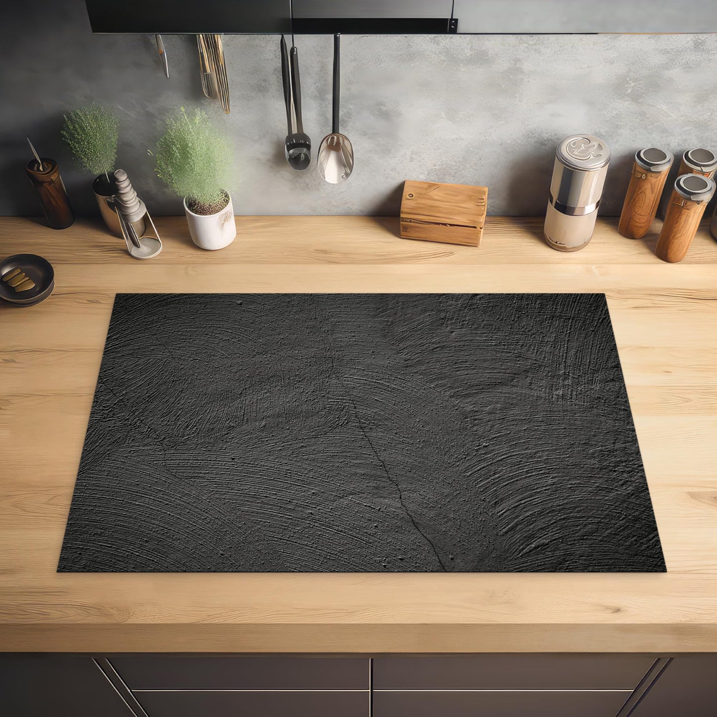 KitchenYeah© stove cover One-piece kitchen stove cover Induction hob ceramic hob stove covers Vinyl mat Rollable Concrete - Black - Gray - Solid - Industrial - 80x52 cm