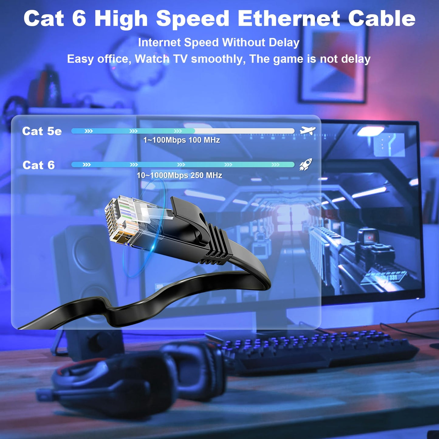 50 meter Black LAN Cable, 50m Cat 6 Network Cable for Indoor and Outdoor Use. Supports Gigabit Ethernet at speeds of 10, 100, and 1000Mbits. RJ45 Patch cable for Router, Switch, PS4/5 with 50 clips included.