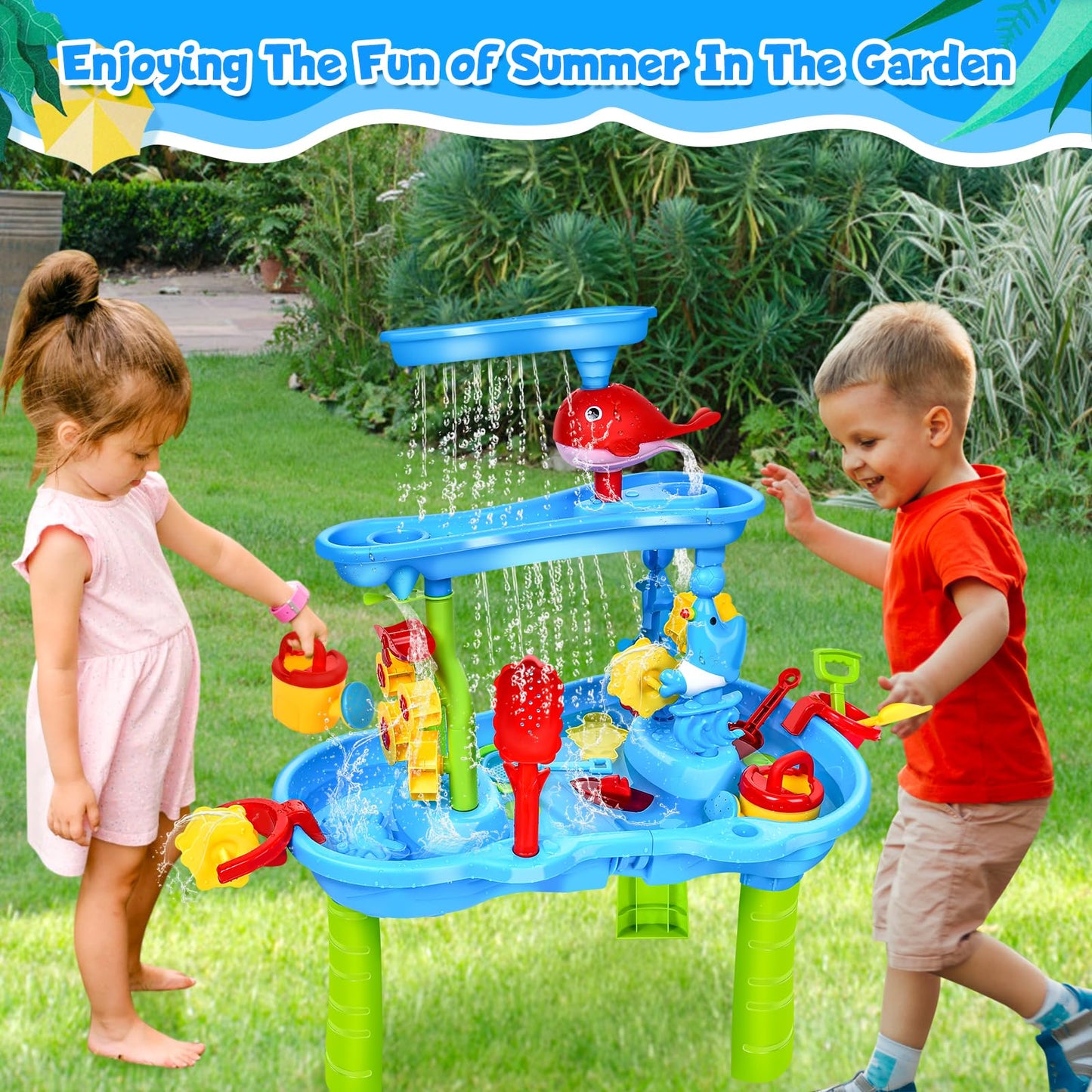 JONRRYIN Sand Water Table for Toddlers, 3-Tier Kids Sand Water Table Toy, Water Play Table Outdoor Beach Toy, Large Play Table Summer Water Toy for Boys Girls 3 4 5 6 7 Year