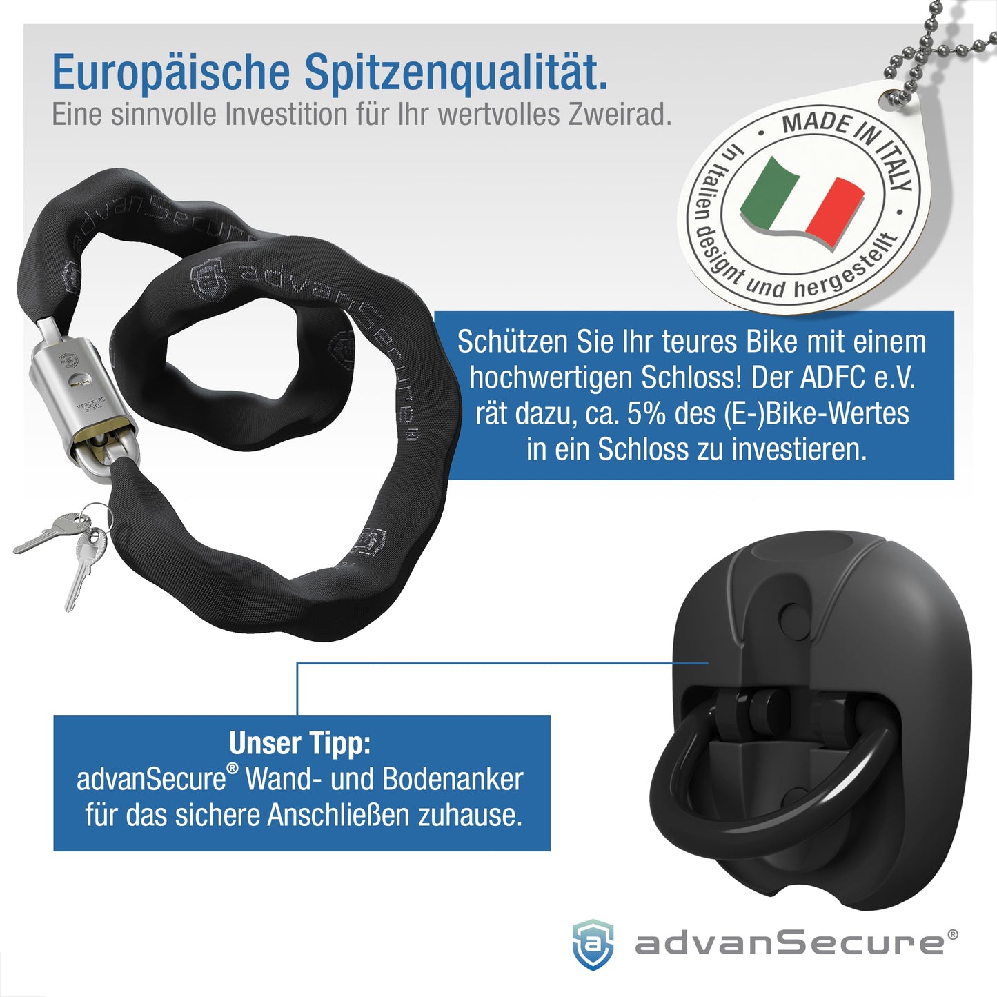 advanSecure® high-security chain lock with saddle bag | ideal for e-bikes | max. security level | 120 cm length, 10 mm chain links | hardened special steel