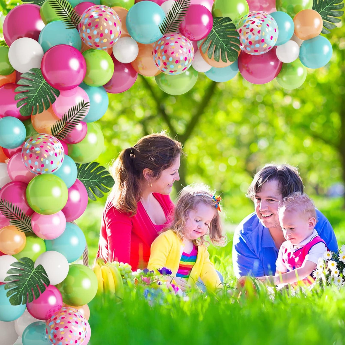 140 Piece Tropical Balloons Garland, Hawaiian Tropical Balloon Garland with Flamingo, Palm, Leaf, Latex Balloons for Summer Party.