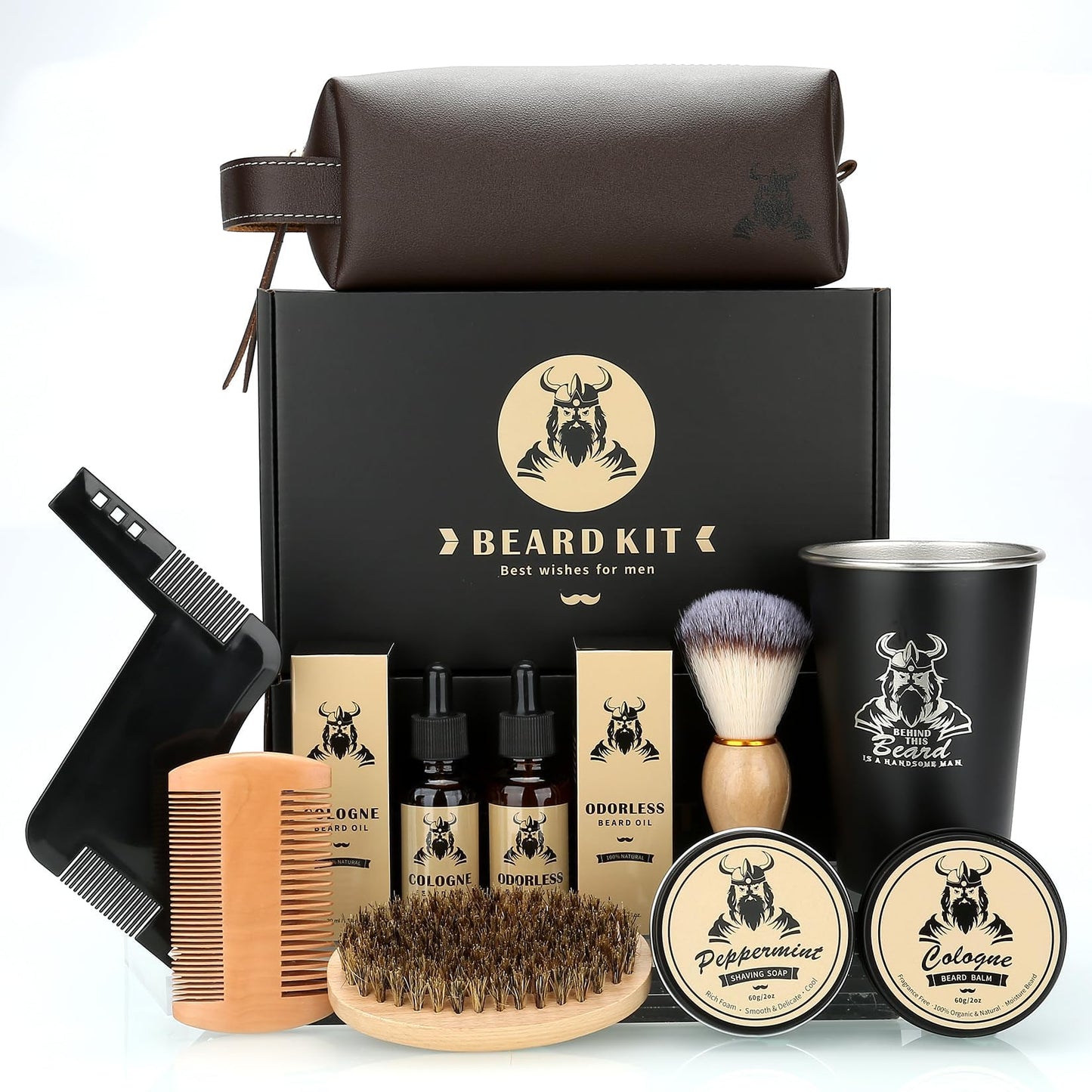 EXREIZST Beard Grooming Kit for Men, Beard Care Set with 2 Beard Oil Beard Balm Beard Comb Beard Brush Beard Stencils Mugs Travel Bag, suitable for birthday gifts for men Him Father Husband Brother Friend