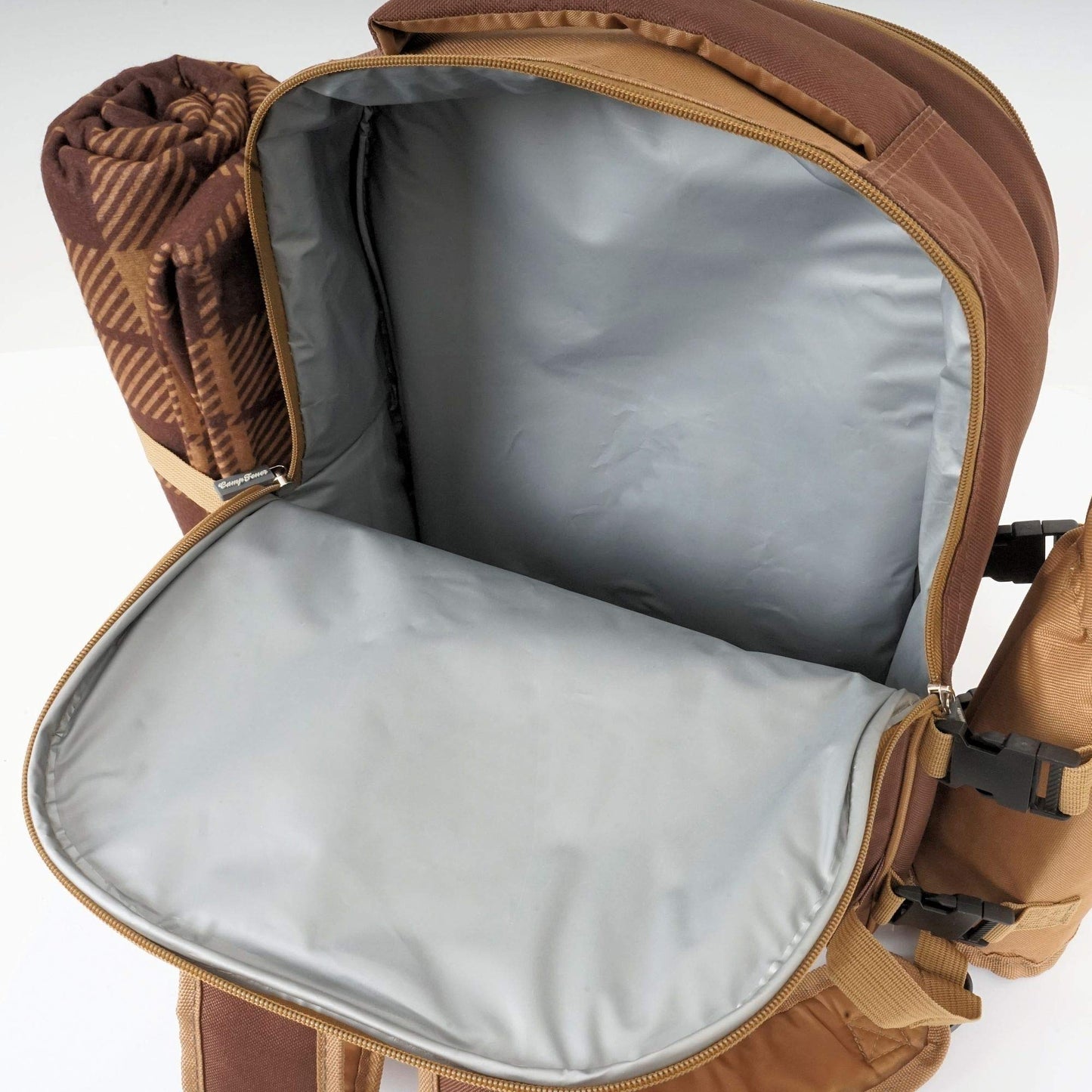 CampFeuer Picnic Backpack for 4 persons | Brown | 32-piece picnic set | including bottle holder and fleece blanket, large cooler compartment, tableware and cutlery | Hiking backpack, camping backpack