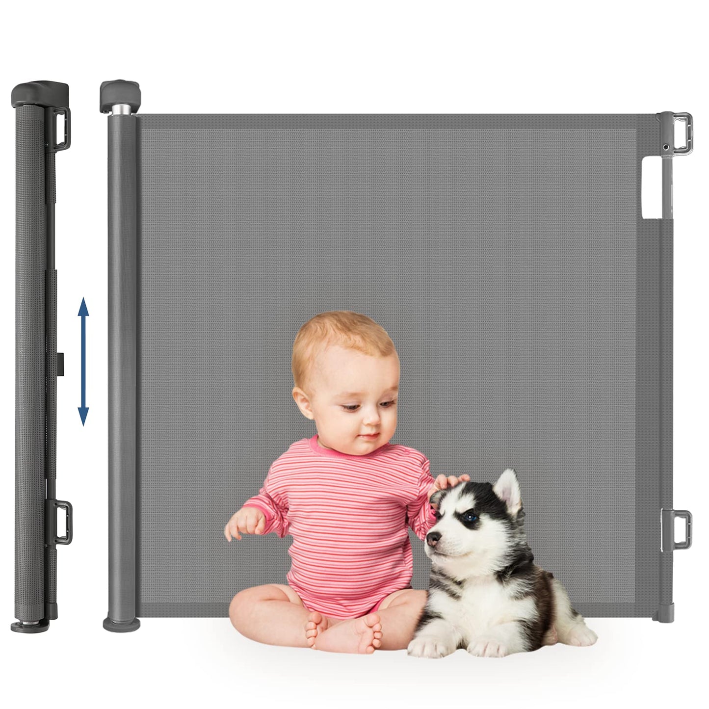 HollyHOME Retractable Stair Gate 0-180cm, Extra Wide Baby Gate, One-Hand Operation, Door Gate for Babies and Pets, Child Safety Gate, Mesh Gate for Stairs, Doors, Hallways, Grey.
