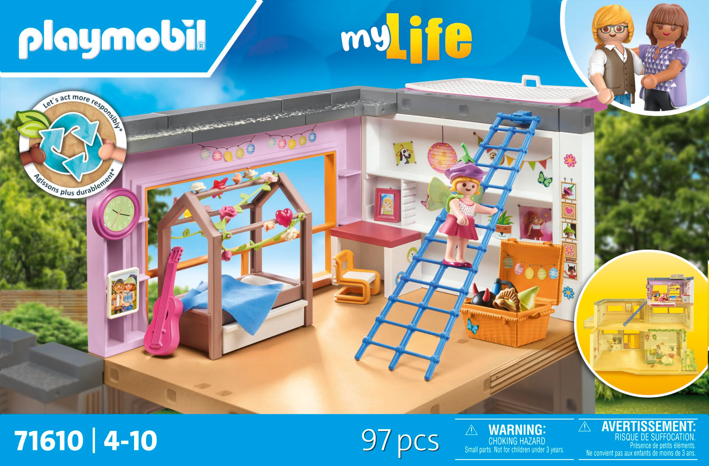 PLAYMOBIL MyLife 71610 Kids' Room, includes a girl figure and a sticker sheet, made from over 80% recycled and bio-based materials, diverse toys for children aged 4 and up.