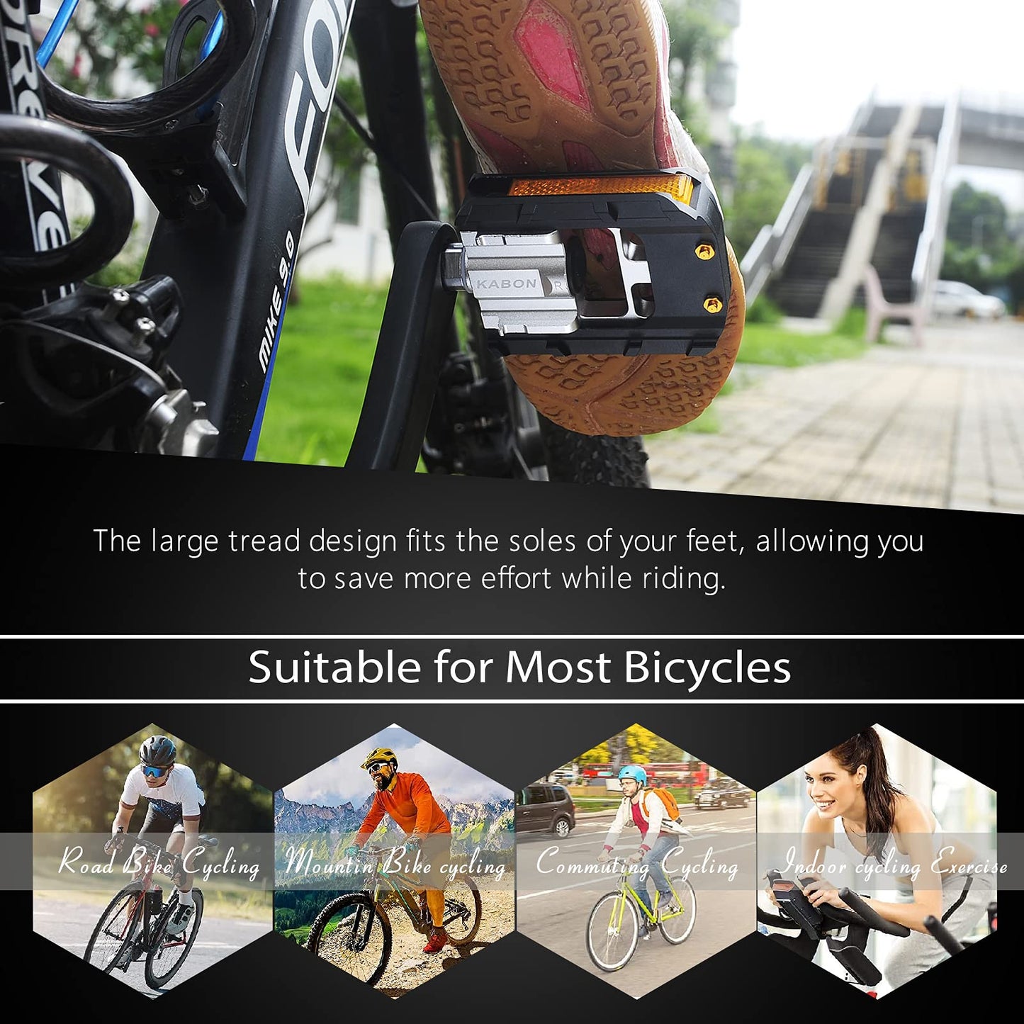 KABON foldable bike pedals anti-slip bike pedal set with reflectors waterproof bike pedals suitable for all bike types 9/16" (Black)