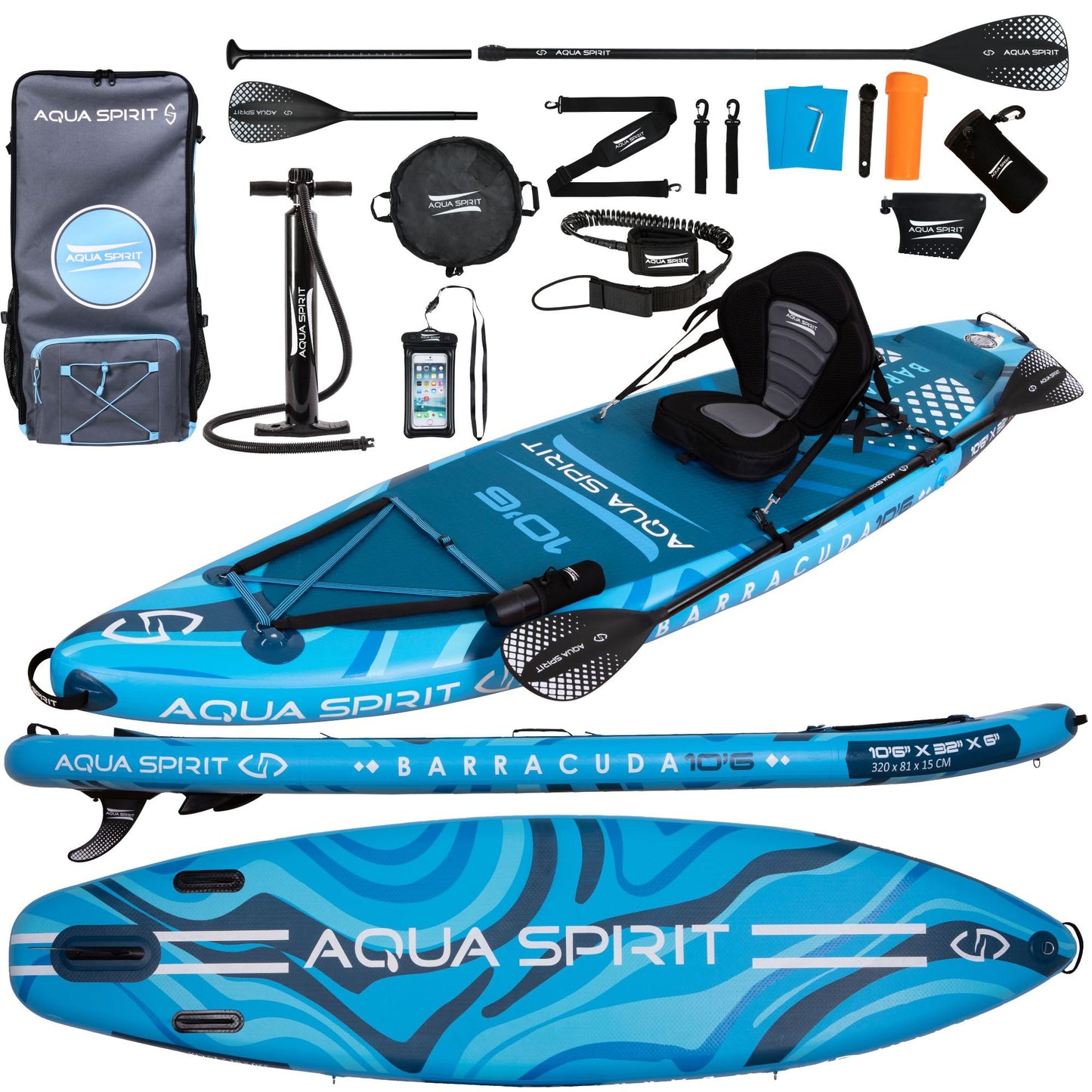 Aqua Spirit SUP Inflatable Stand-Up Paddle Board 2024 | 320x81x15cm | Complete Kayak Conversion Kit with Paddle, Backpack, Pump, and more accessories | Adult Beginners/Experts | 2-year warranty