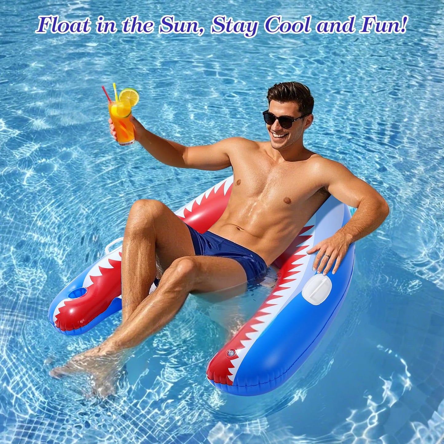 MoKo Pool Float for Adults, 135×107 cm Large Swim Bed with Cup Holder and Handles, Inflatable Sun Lounger Hammock Tanning Chair Pool Toy, 2 Pieces, Blue Shark