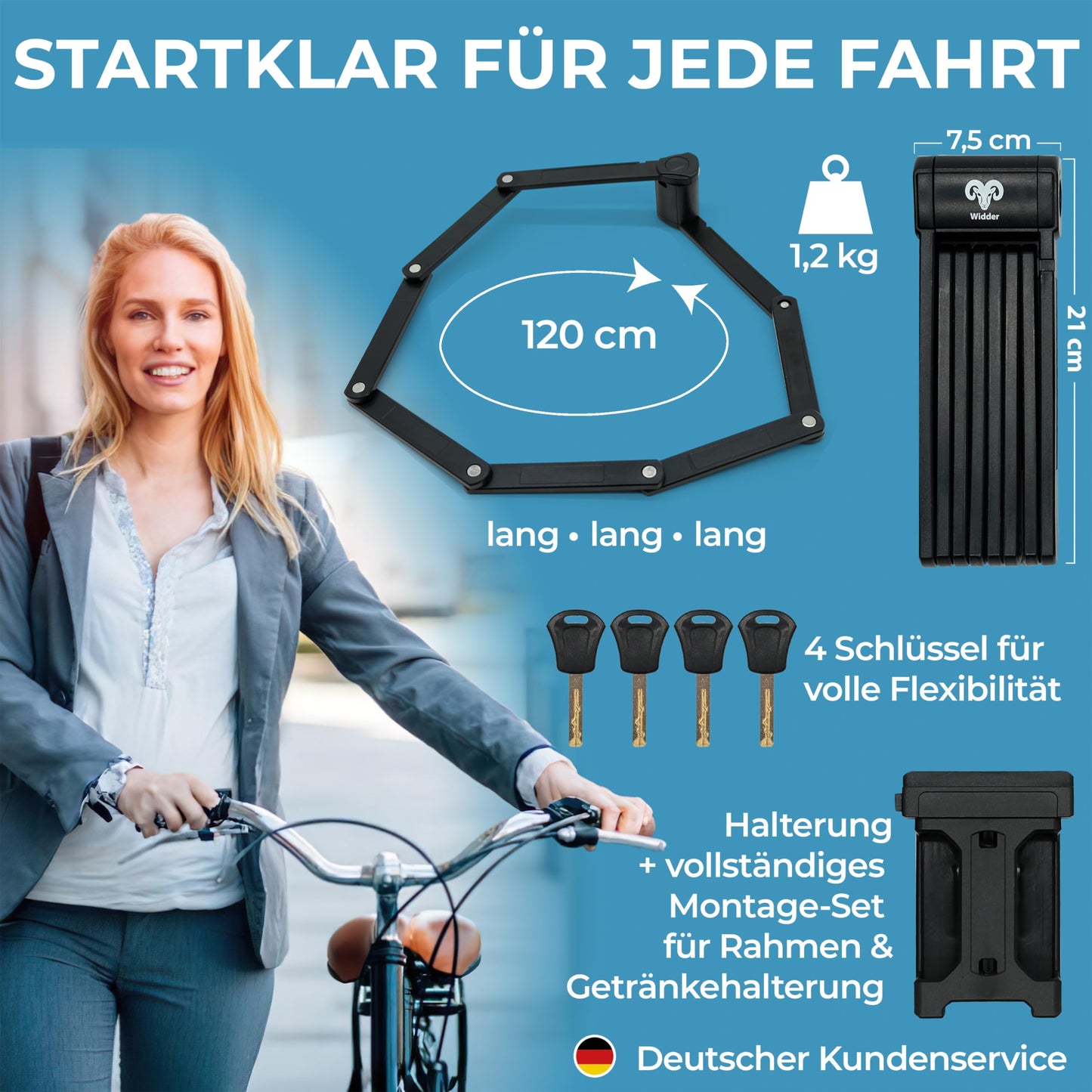 Aries Very secure bike lock Foldable lock 120cm with 4 keys | Folding lock bike with holder | ideal as E-bike lock, E-scooter lock, bicycles & bike lock