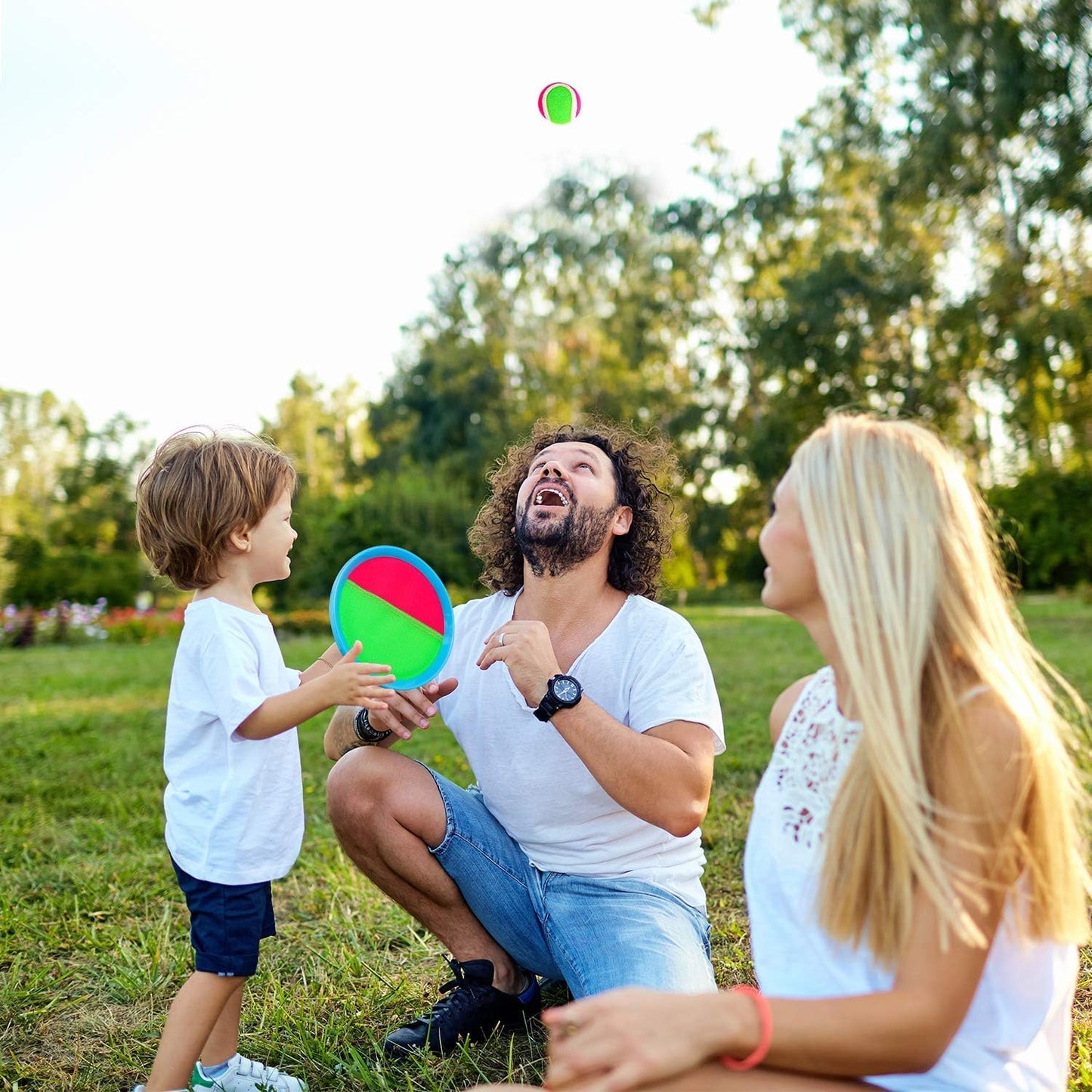 Jovico's Velcro Ball Toss Game, outdoor toy for kids, ages 3 4 5. Summer outdoor game with 4 discs and 4 balls.