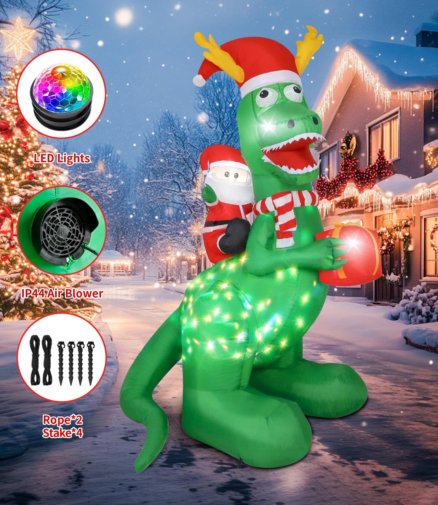 Vintoney 8ft/244cm Christmas Inflatable Dinosaur and Santa Claus Inflatable with Rotating LED Lights Yard Decoration Snowball Inflatables Indoor Outdoor Christmas Decorations