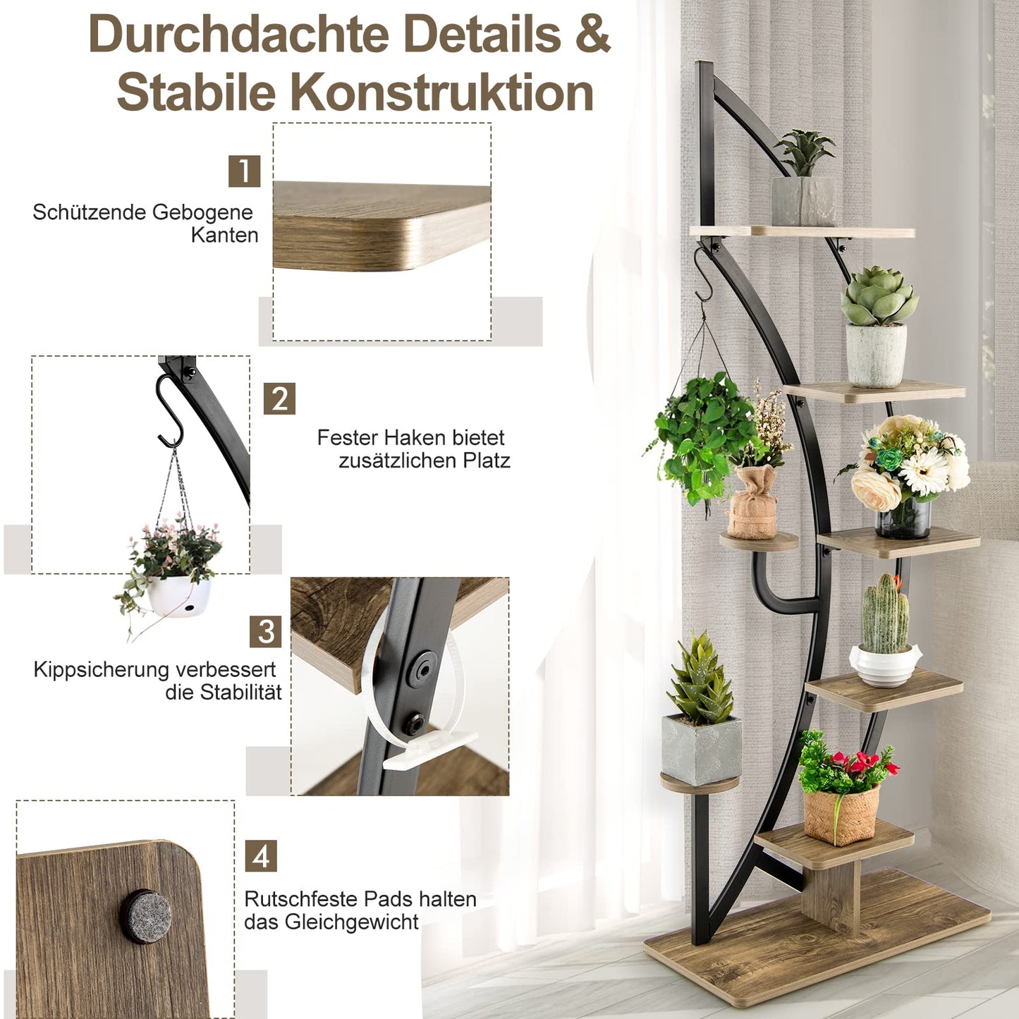 GOPLUS 6-tier Flower Stand Metal, half-moon Plant Stand with Shelves & Hooks, Plant Rack Flower Shelf Flower Stairs Plant Stairs for Living Room, Bedroom, Balcony (Brown, 2)