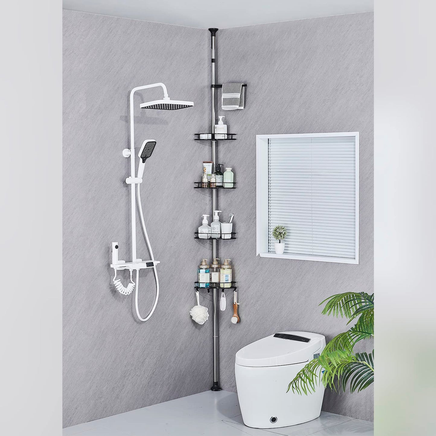 HANFU Telescopic Shower Caddy, 70-305 cm Height Adjustable Shower Shelf Without Drilling, Stainless Steel Corner Bathroom Shelf with 4 x Baskets 4 x Hooks and 1 x Towel Holder for Towel Shampoo, Black