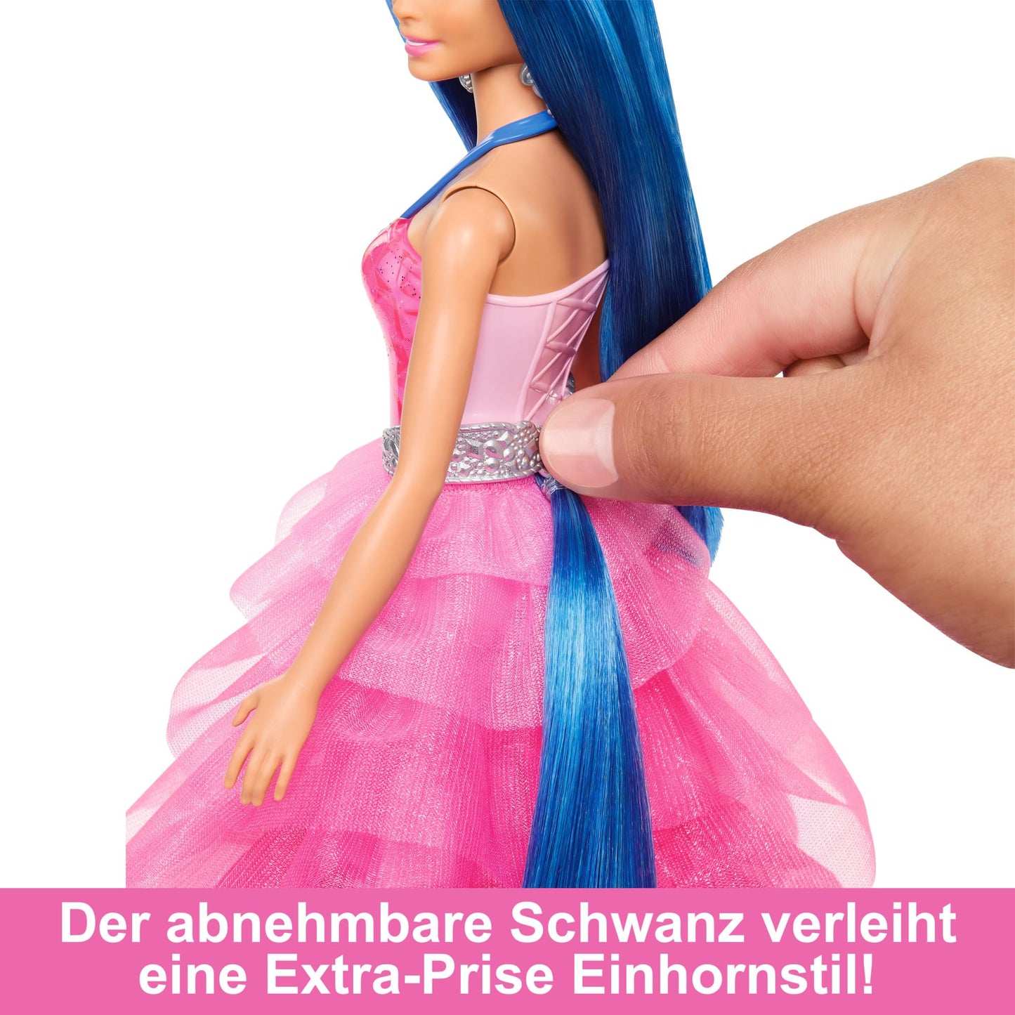 Barbie A hidden magic doll with unicorn, pink dress with sapphire blue details, unicorn headband, detachable sapphire wings, and unicorn tail, for children aged 3 and up, HRR16