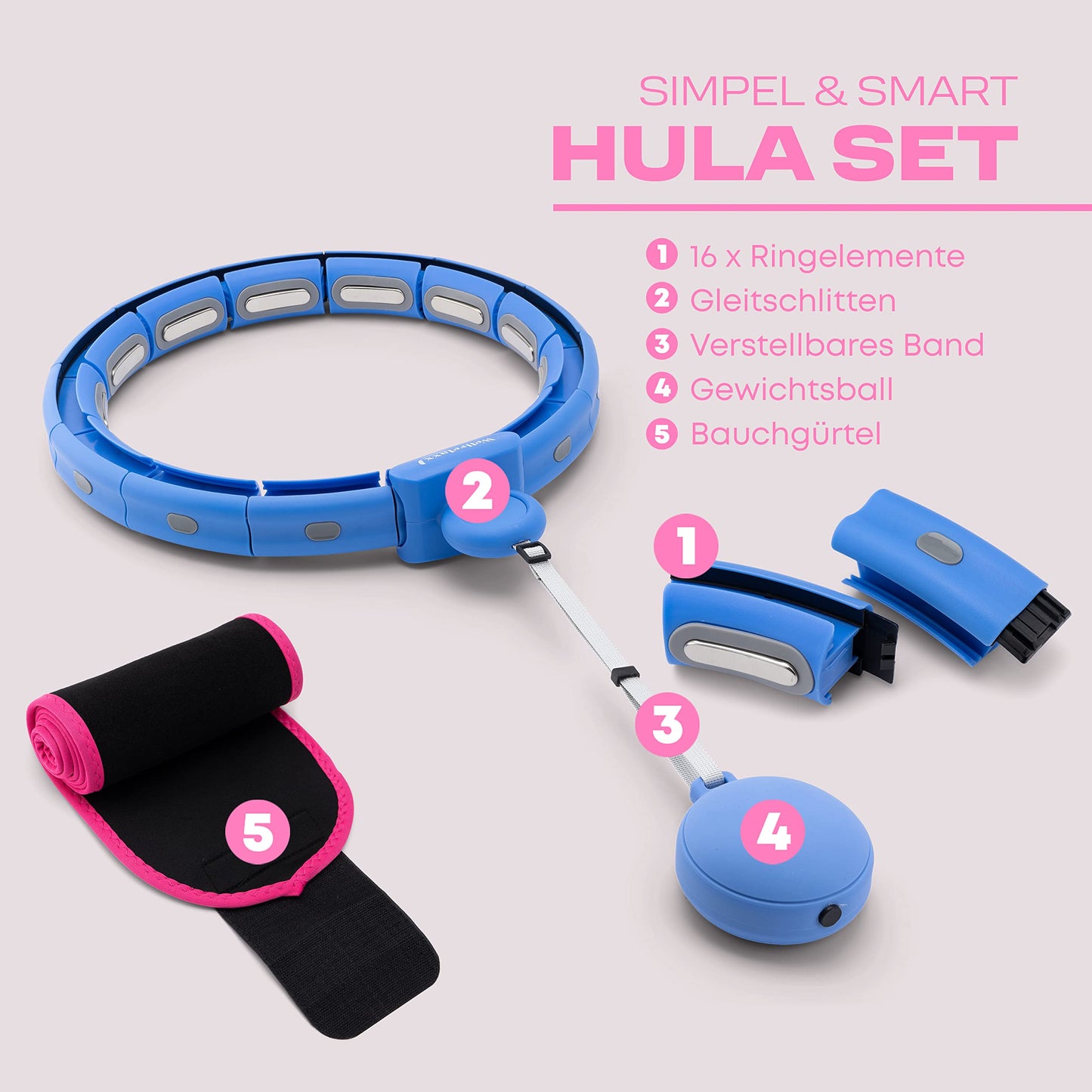 WELLRELAXX Smart Hula Hoop Quiet | up to 113cm circumference | Adult Hula Hoop | Hula Hoop with Weight Ball | Hullahub Hoop for Weight Loss with Belly Belt - protects skin and clothing