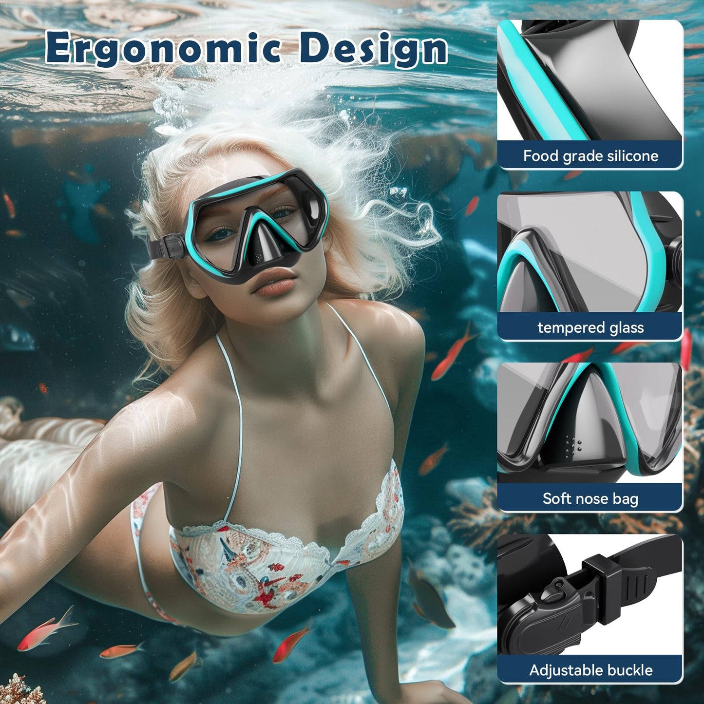 Adult Diving Mask, 180° Wide Angle Anti-Fog Dive Mask with Adjustable Silicone Strap, Snorkel Mask with HD Tempered Glass for Diving, Snorkeling, and Swimming 14+ (Green)