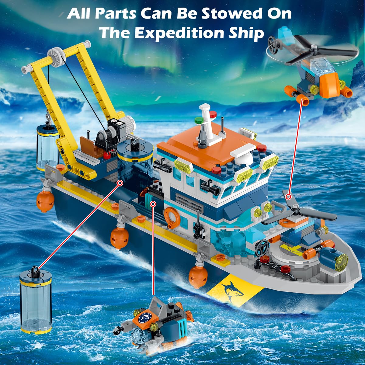 HOGOKIDS City Floating Boat Building Kit with LED Lights - Fun Arctic Explorer Ship Building Brick Ocean Exploration with Helicopter Submarine Birthday Gift for 6+ Year Old Boys Girls Kids