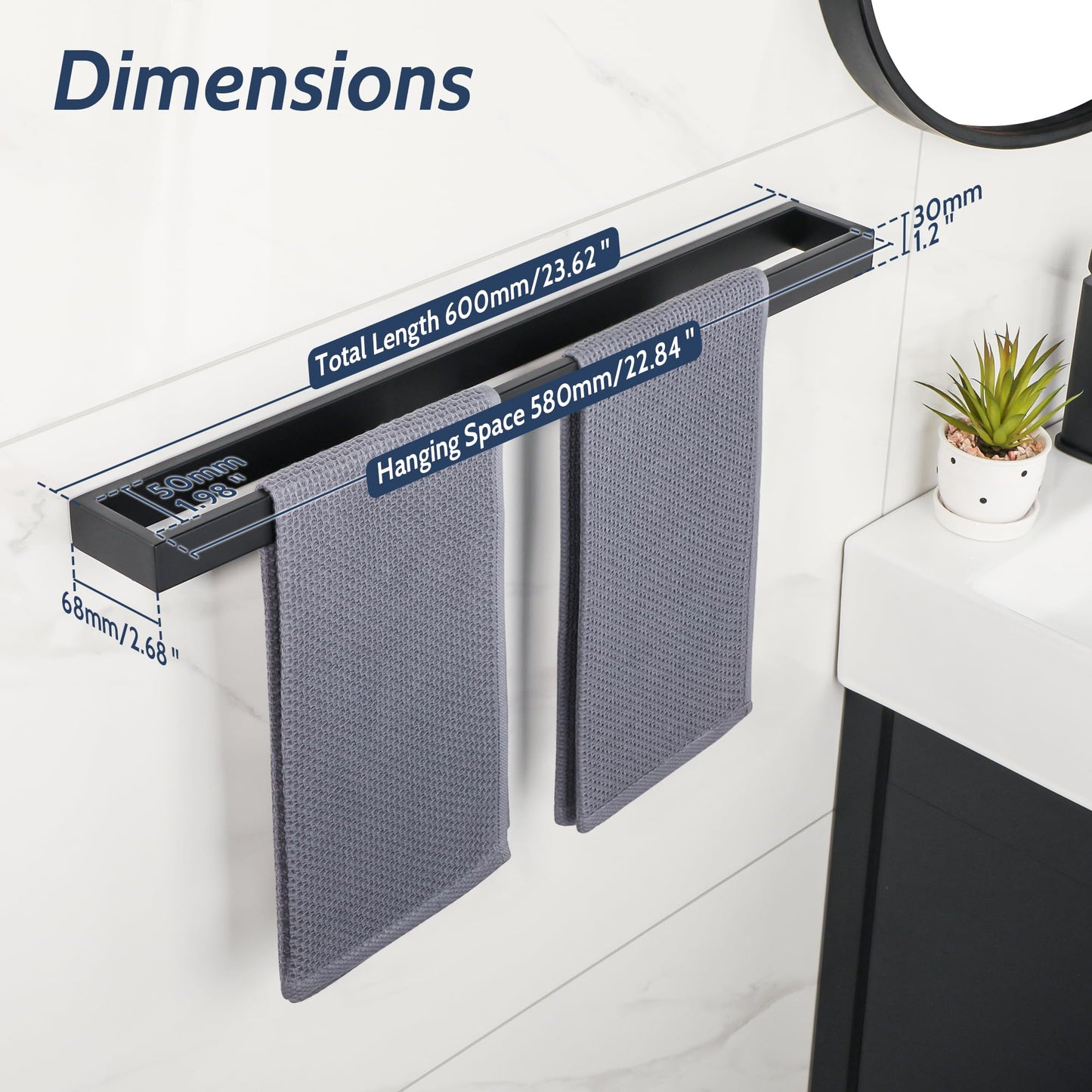 SAYAYO towel holder black 60CM towel holder bathroom towel rack guest towel holder wall mounted stainless steel bath towel holder for bathroom and kitchen.