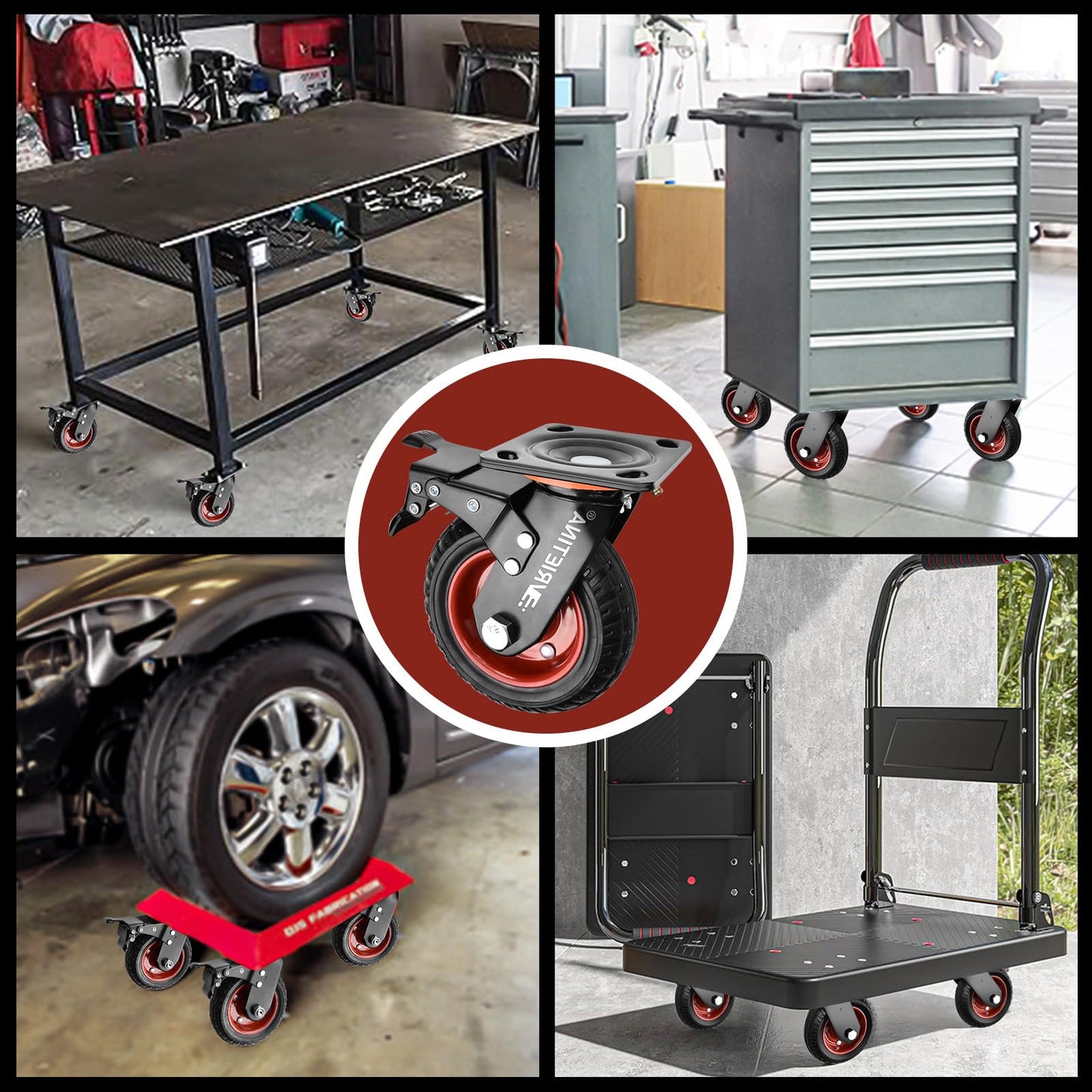 4 heavy-duty casters 150mm swivel casters with brakes, 360° rotating transport casters with heavy-duty top plate solid rubber wheels made of non-slip polychloride load capacity 1000kg (2 swivel casters 2 brake casters).