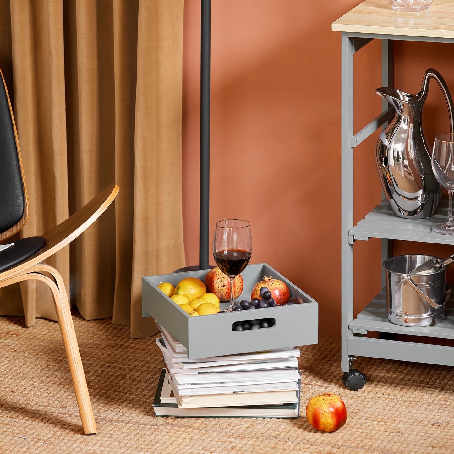 SoBuy serving trolley with wheels - kitchen trolley with 2 removable shelves and 1 tray - serving cart trolley for kitchen, living room, dining room - light grey, 68x85x38 cm, up to 50 kg, MDF, FKW79-HG.