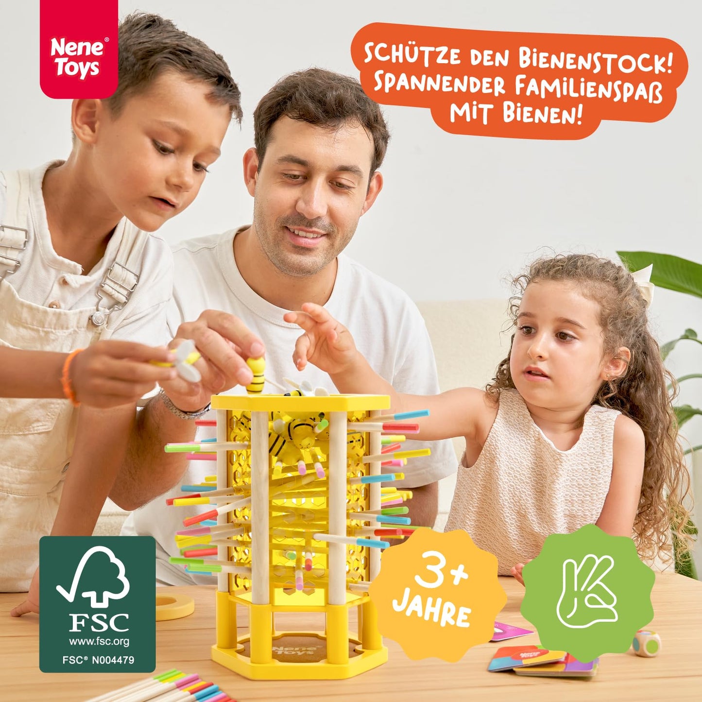 Nene Toys BEEFALL Large, 4-in-1 educational game with bees, Montessori toy for ages 3 and up featuring colorful sticks, dice, and cards - Wooden game for boys & girls 3-9 years - Educational family game