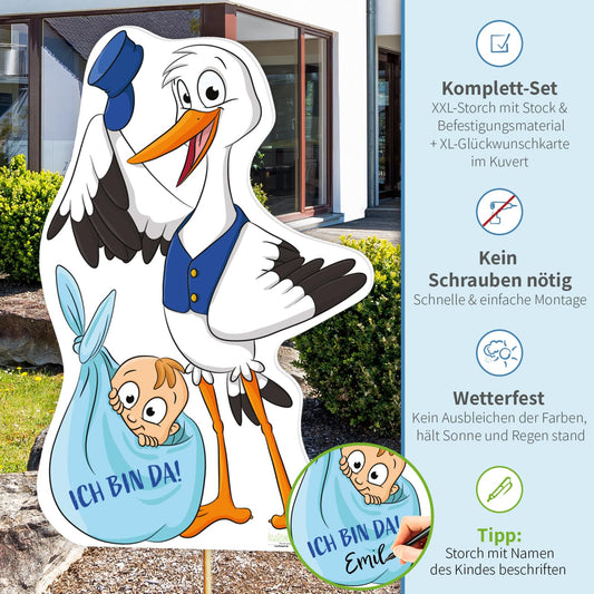Stork birth for outdoors I Baby boy I XL 110 cm I weatherproof I Set: Stork + wooden pole + greeting card I Baby stork as a gift I Welcome home birth stork decoration