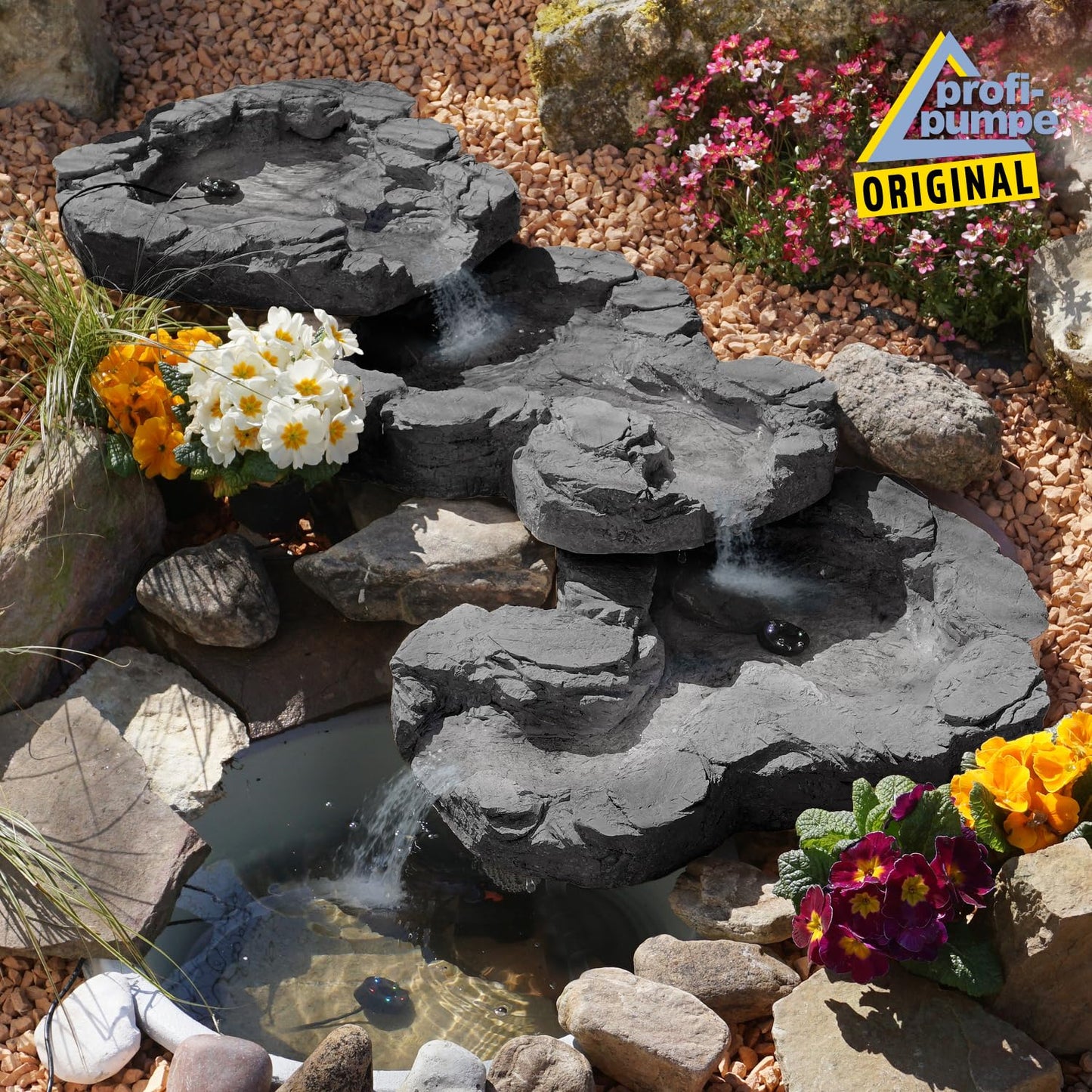 AMUR source cascade streamlet WITH LED, 230V, water cascade waterfall streamlet shells water play - source shell in natural stone look for garden, garden pond, pond, bird bath