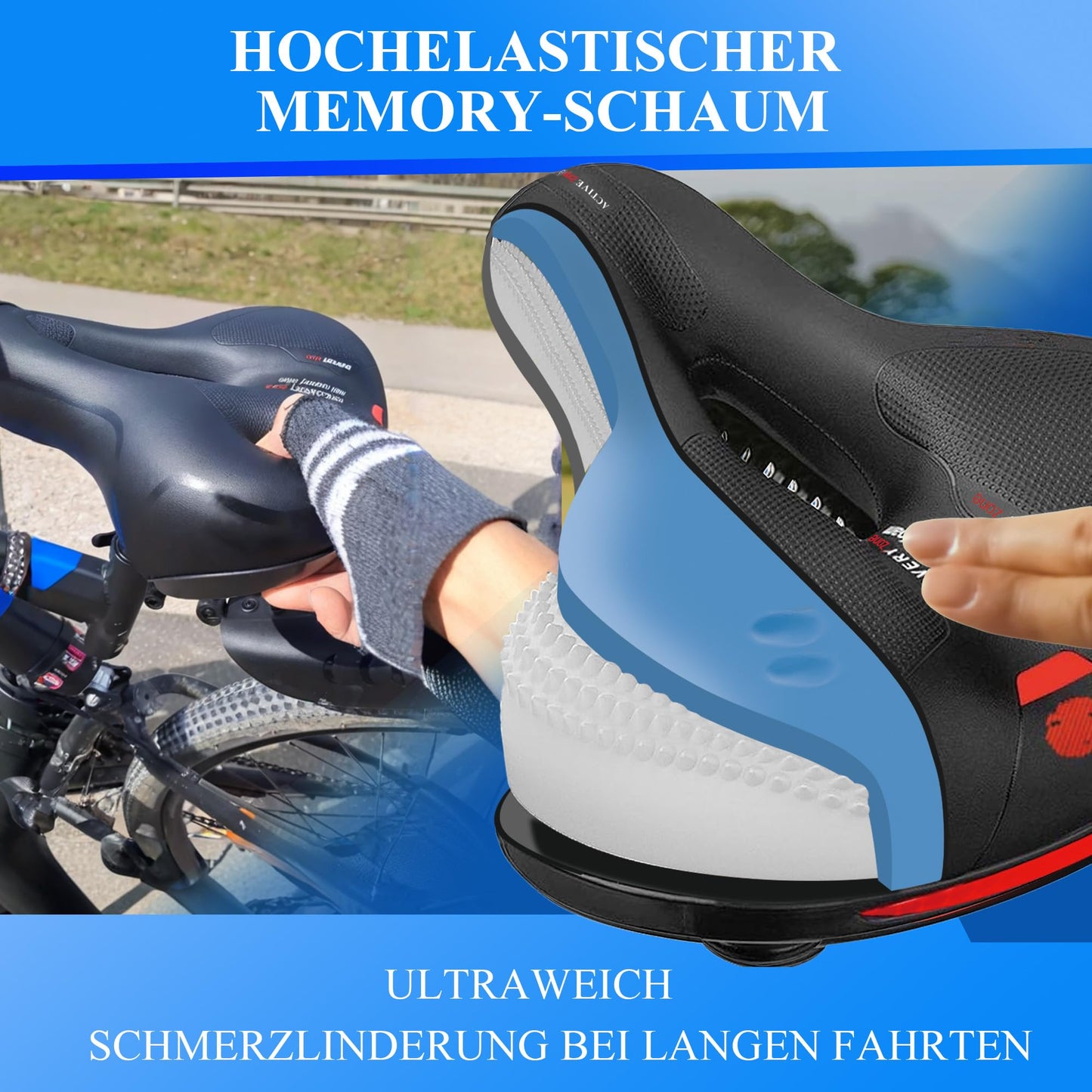 NREDXOON Bike Saddle Ergonomic Anti-Pressure Saddle: Memory Foam with Air Channels - Non-Slip & Waterproof Surface - Specifically designed for commuters with seat discomfort - Long distance & everyday use (Red)