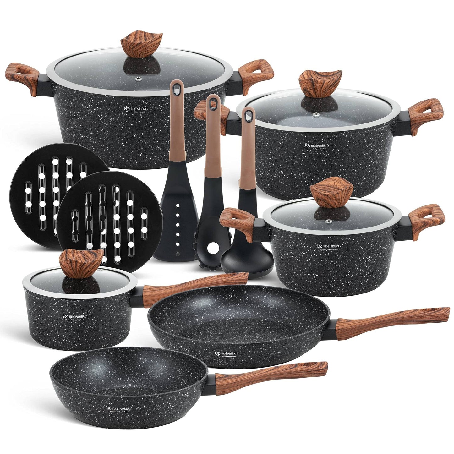 EDENBERG 15-piece cookware set for induction cooktops. Coated pots and pans, induction pots set, suitable for induction cookware. Top quality cookware set for all your cooking needs.