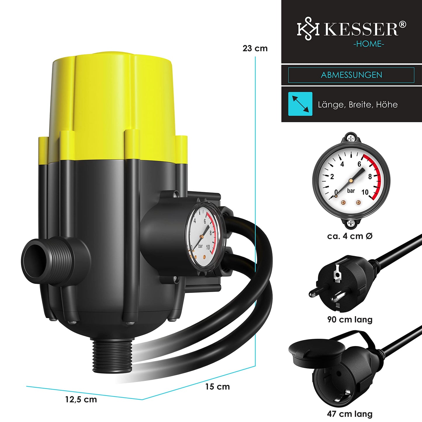 KESSER® Pump control with pressure display | with cable | 10 bar pressure switch Electronic pump control | Pressure switch | monitors water pressure - automatic on and off Garden & Home