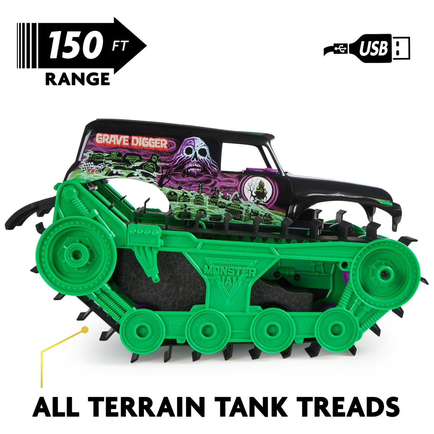 Monster Jam Official Grave Digger Trax All-Terrain Remote Control Outdoor Vehicle, Scale 1:15, Toy for boys and girls ages 4 and up.