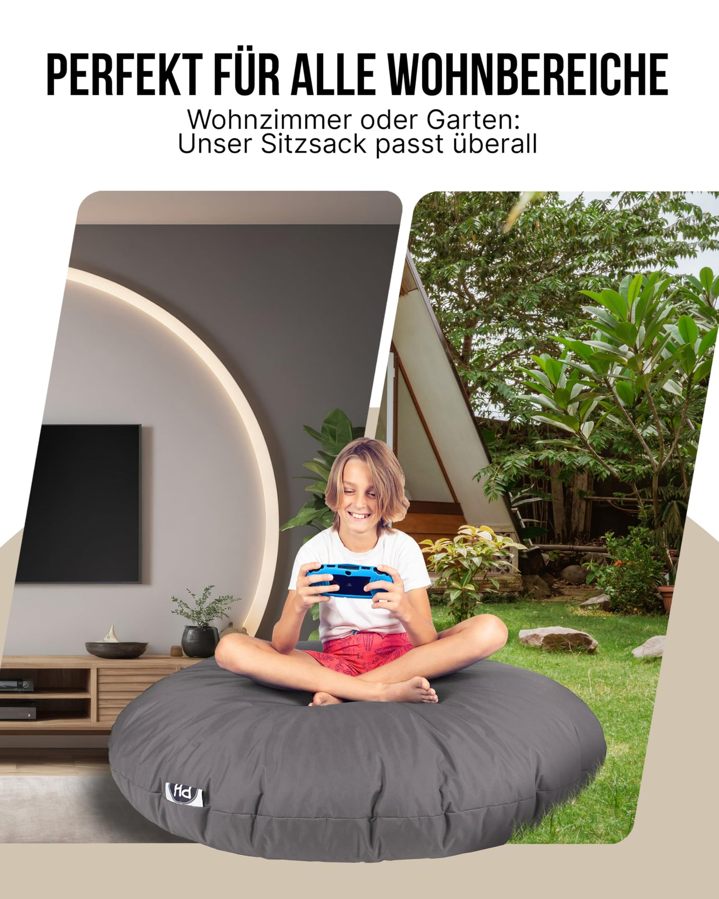 PATCH HOME 2 in 1 bean bag chair floor cushion for adults & kids - gaming with filled cushion seat beanbag (anthracite, Ø 155cm)