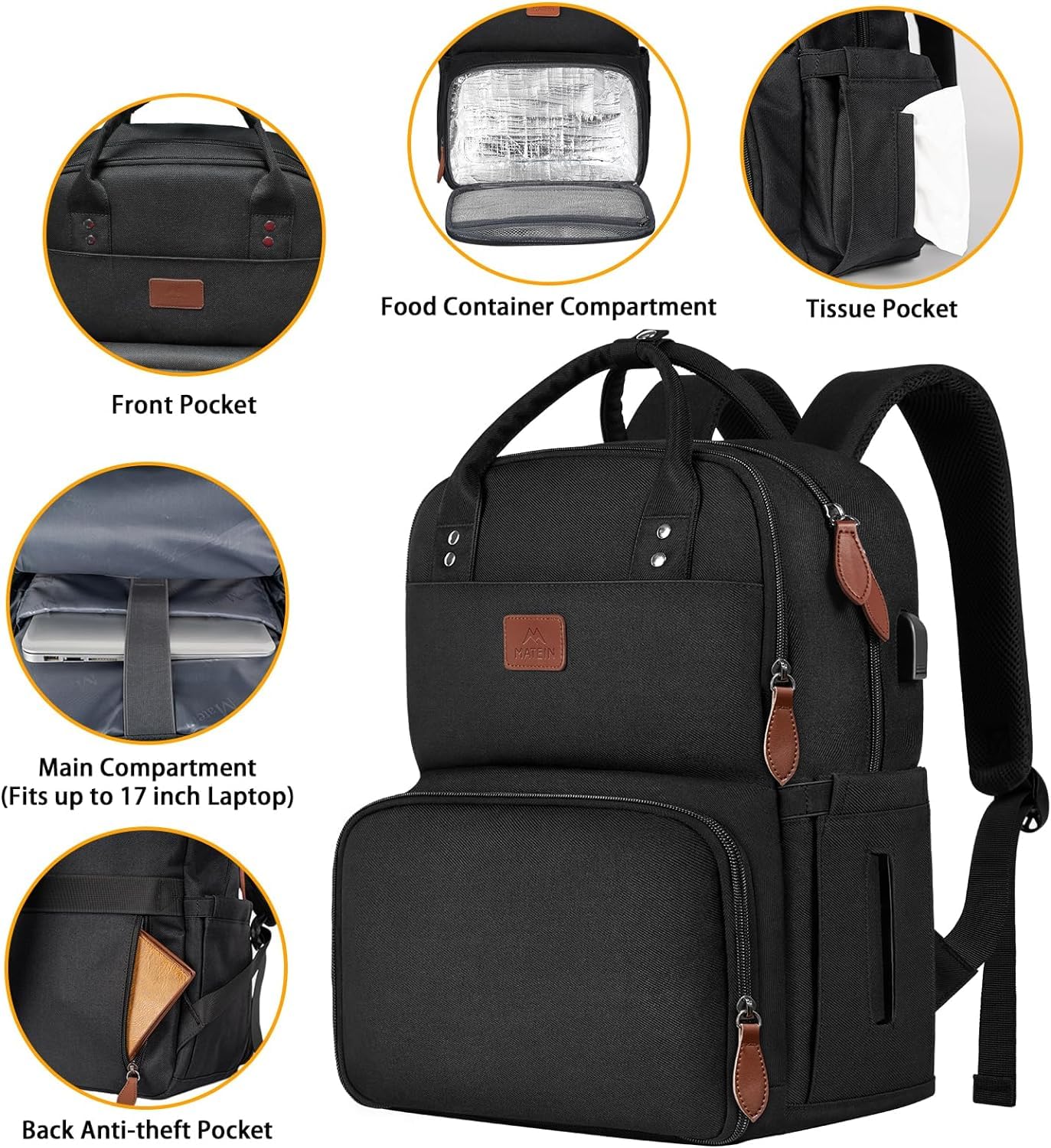 MATEIN Laptop Lunch Backpack, Picnic Backpack with Insulated Cooler Compartment, 17 Inch Ice Pack for Men and Women with USB Port, Lunch Bag for Camping Travel Business Work, Black