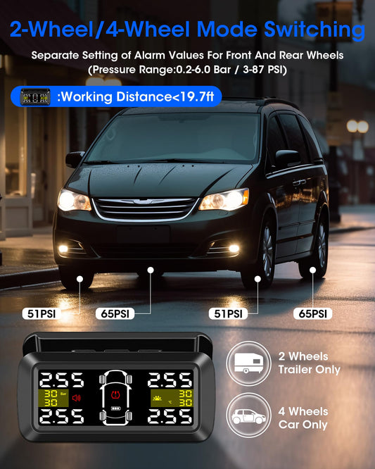 TPMS Tire Pressure Monitoring System with 2/4-wheel modes. High Precision Solar Charging TPMS with 3.5 inch Detachable Bracket and 4 External Tire Pressure Sensors for Car Van SUV 5-87 Psi.