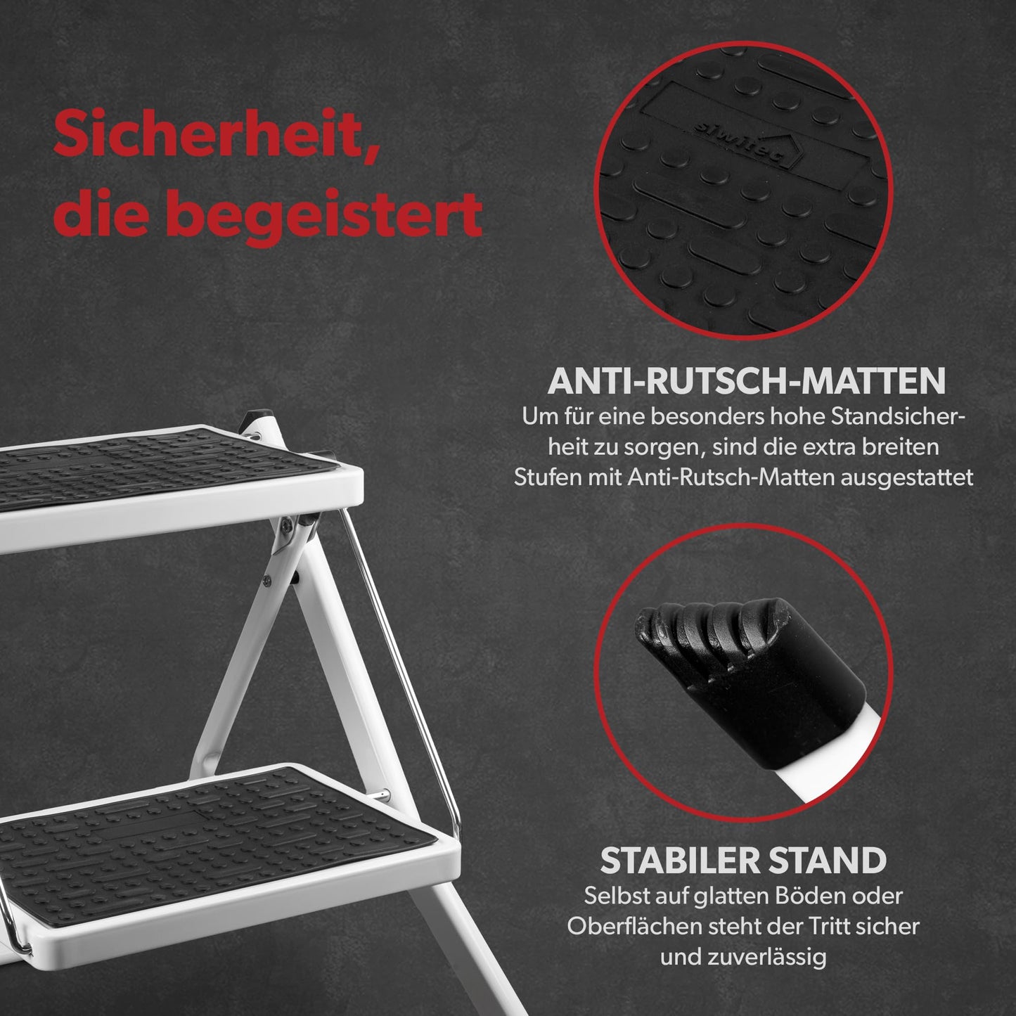 siwitec Mini Folding Step Stool 2 Steps, Foldable Ladder, Step Stool Supports up to 150 kg, Stepladder with Extra Wide Steps, Household Ladder in White Made of Steel, TÜV/GS Certified