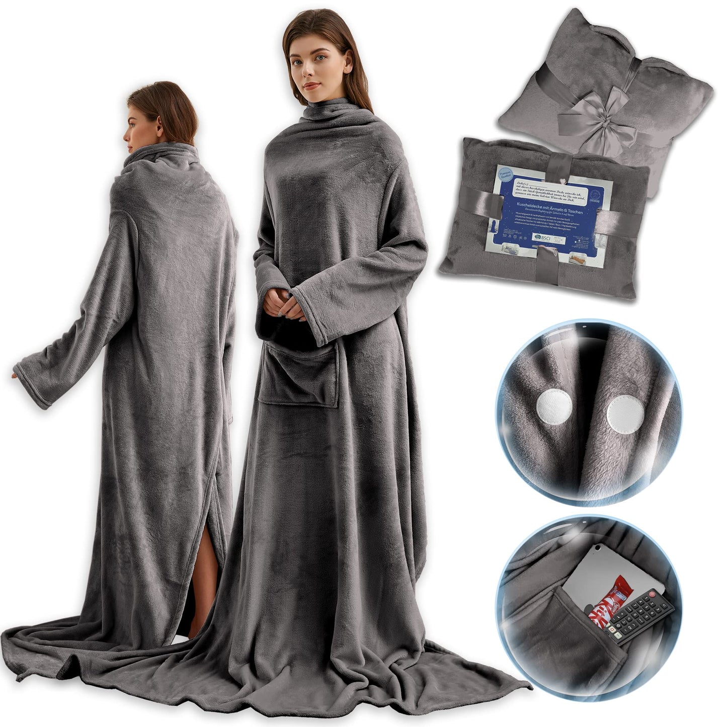 Gift for women for Christmas, snug blanket with sleeves, birthday present for mom, sofa blanket 150x200 cm (Dark gray)