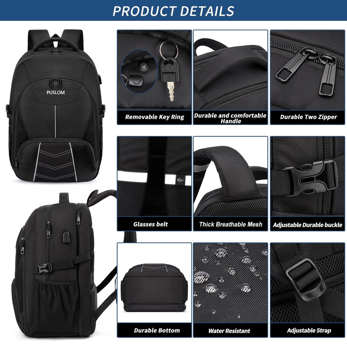 Extra Large Backpack Men 55L Waterproof 18.4 Inch Laptop Bag Work Laptop with USB Charging Port Anti Theft Business Travel School Backpack for Men Women Boys Teenagers Black