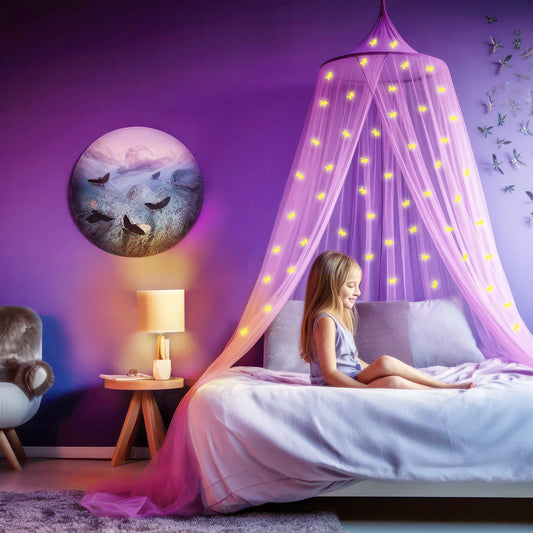 Purple bed canopy with pre-glued glowing unicorns - Violet princess mosquito net for girls' room decoration - Canopy curtains for children and baby beds.
