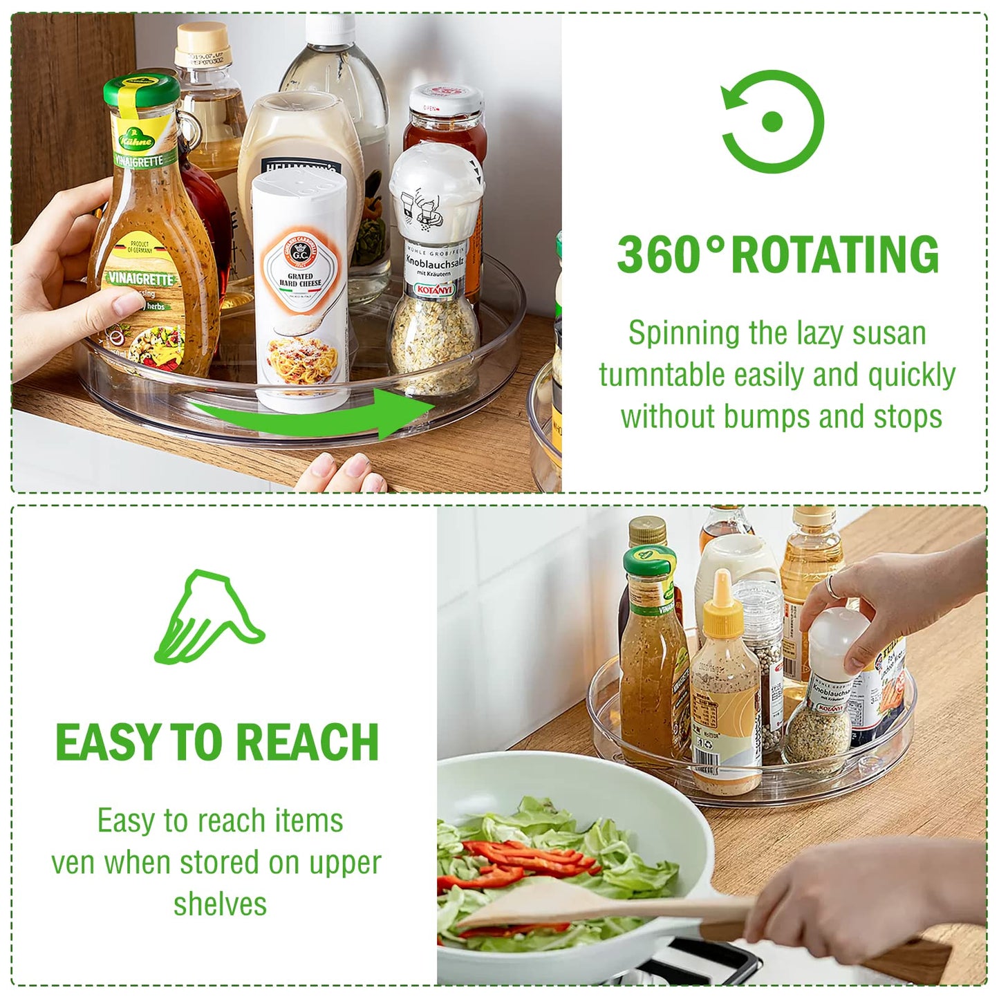 Refrigerator turntable, 2-piece Lazy Susan refrigerator organizer, clear turntable for kitchen cabinet, 360-degree rotating spice rack cabinet organizer (large + small)