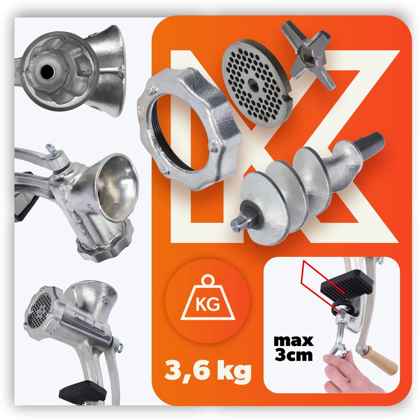 KADAX cast iron meat grinder, 6 sizes, manual meat machine with table clamp, vintage meat grinder, galvanized grinding machine, meat grinder (size 10)